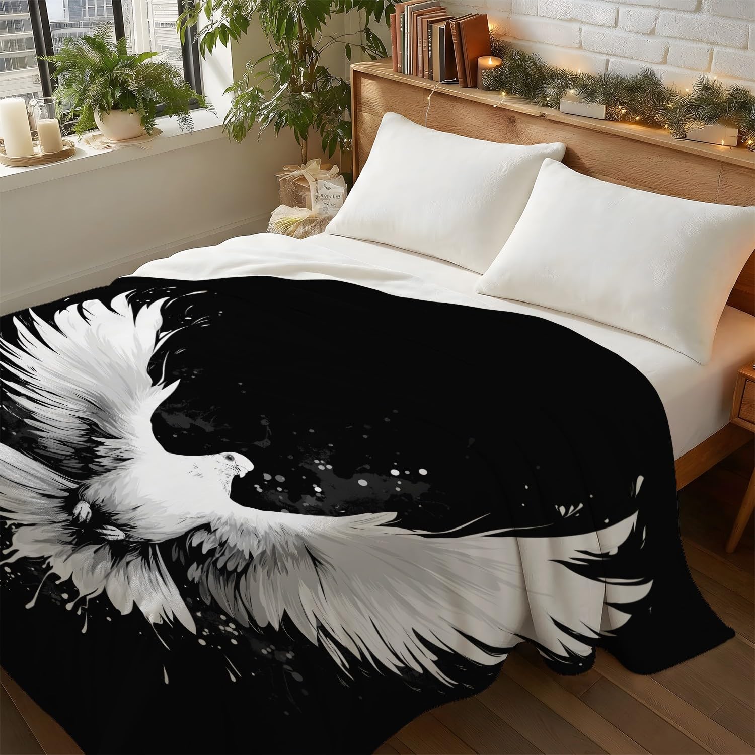 Przytulny koc 180 x 200 cm, flanelowy koc polarowy, fantazyjny, mistyczna plama atramentu, gołębi, ciepły, lekki, przytulny, na wiosnę, miękki, na sofę, czarno-biały