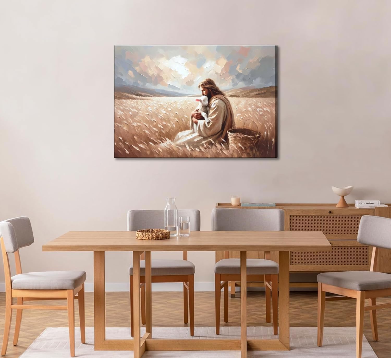 Jesus And Lamb Canvas Wall Art Christ Jesus Finds The Lost Lamb The Shepherd Painting Picture Wall Decor Religious Beliefs Poster Print Artwork for Living Room Bedroom Church Home Decoration Jesus-Canvas 24"L x 16"W