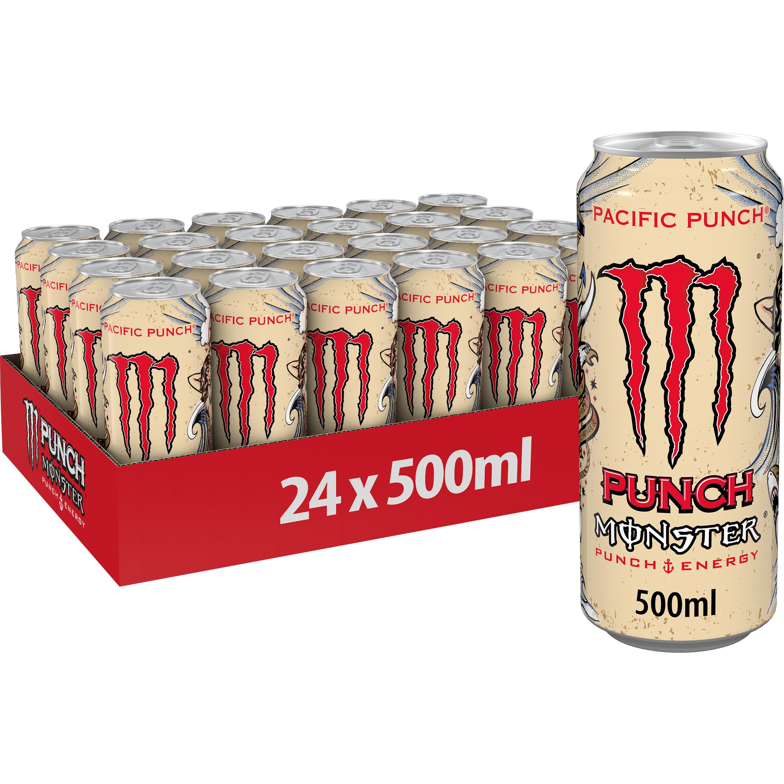 Monster Energy Pacific Punch, Bevanda Energetica dal Gusto Eccezionale con Miscela Energetica e 160 mg di Caffeina, 24 Lattine da 500 ml Ginseng