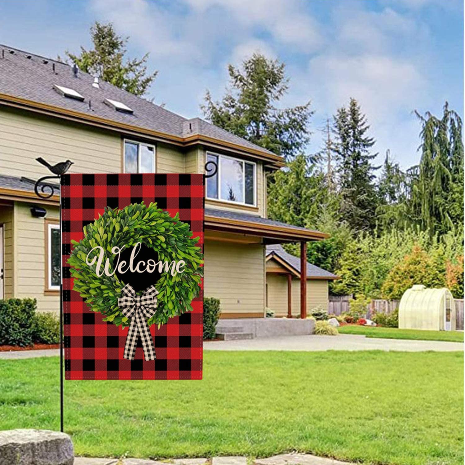 Tmflexe Christmas Garden Flag Buffalo Plaids Wreath Welcome Flag Vertical Double Sided House Burlap Flag Winter Holiday Rustic Yard Lawn Outdoor Decoration 12.5x18 Inch (Welcome Wreath)