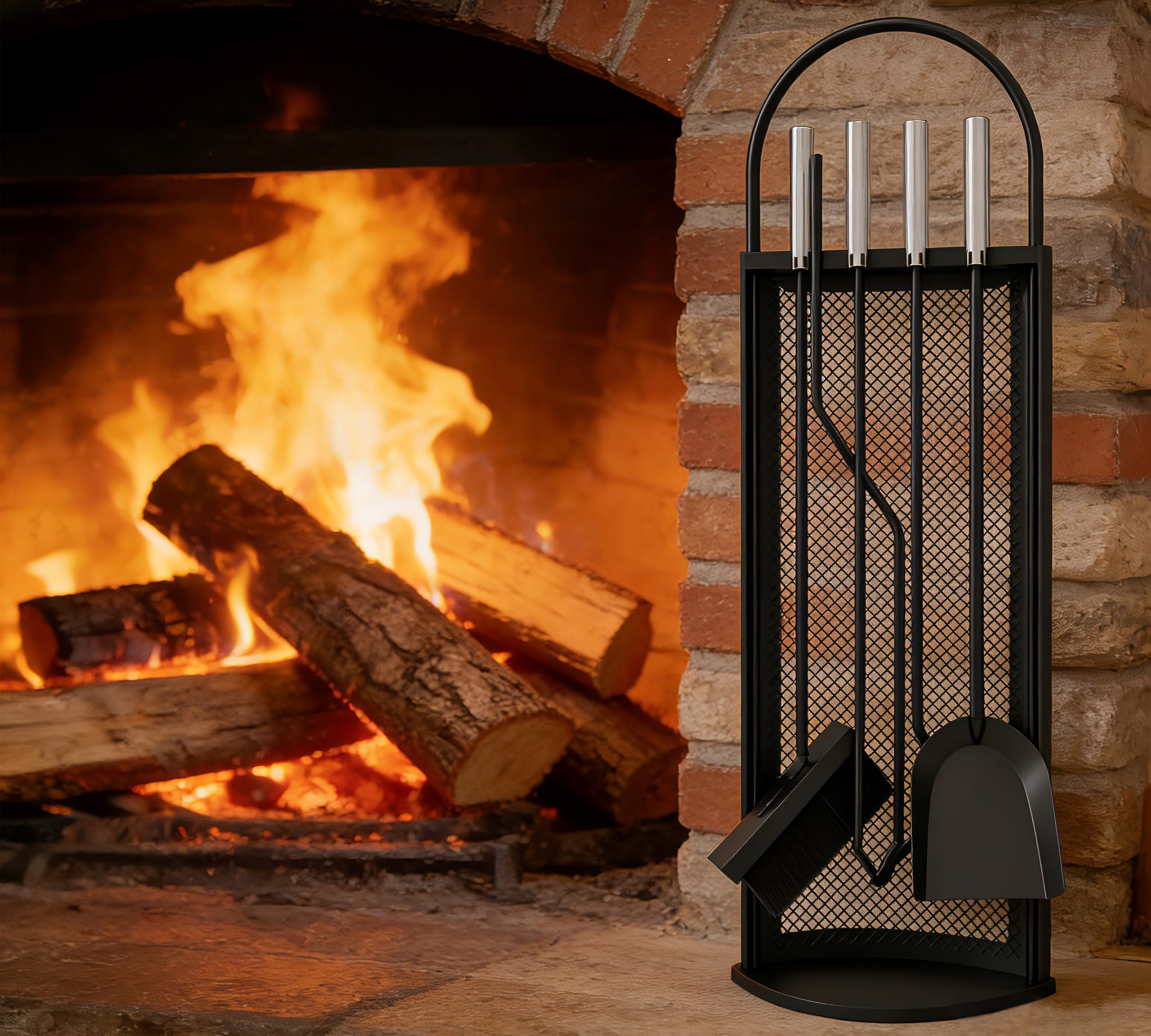 Kingson Set da Camino in 5 Pezzi con Manici in Acciaio INOX 22x16x67cm, Elegante e Resistente Kit di Accessori per Camino Nero