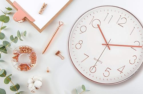 Miniatura 31 de Bernhard Products Reloj de pared plateado de 12 pulgadas, silencioso, sin tictac, de cuarzo, funciona con pilas, redondo, blanco, decorativo, diseño