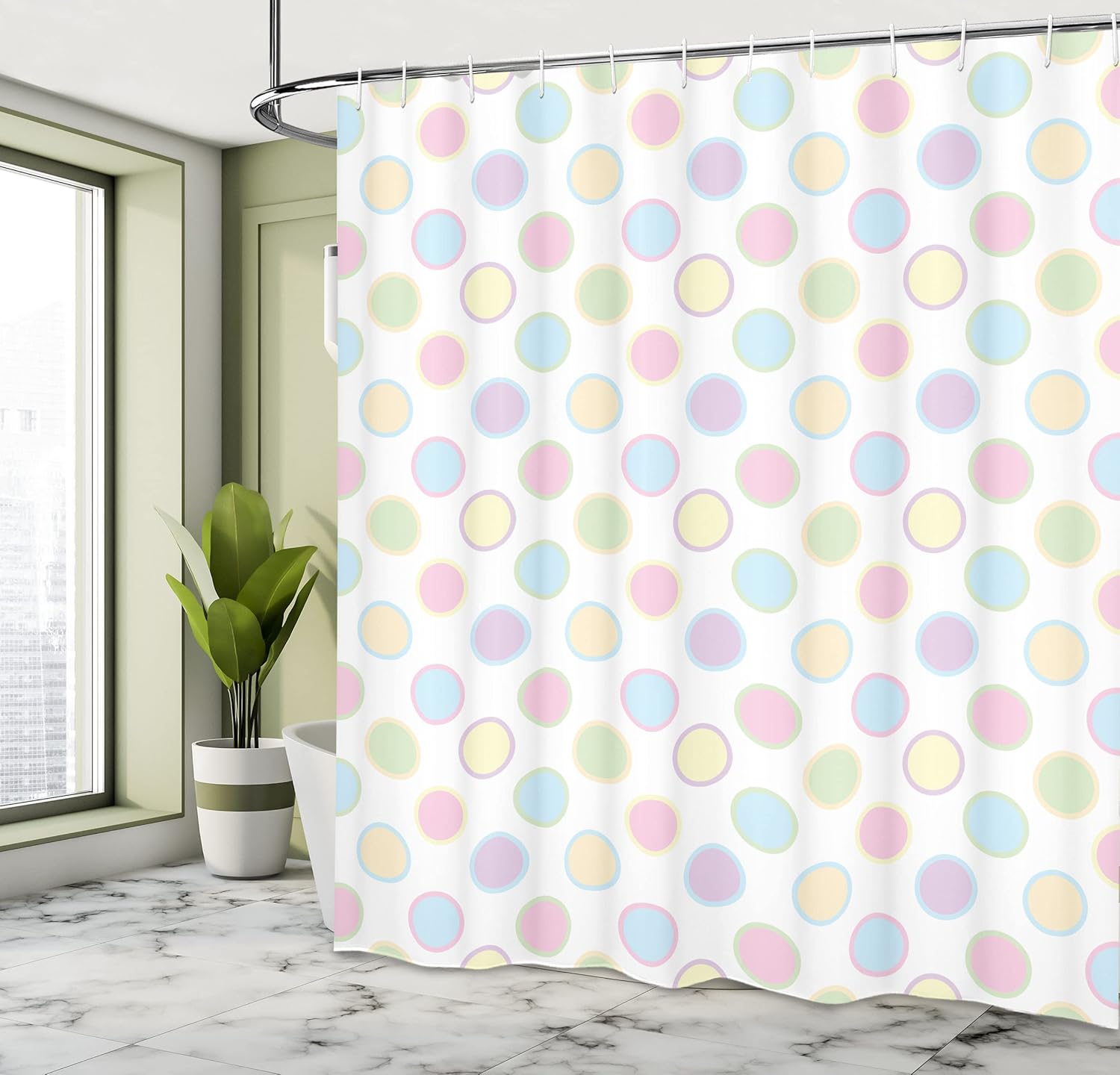 Ambesonne Polka Dots Shower Curtain, Image Round Polka Dots Cheerful Childish Vintage BohemiInspired Spots, Cloth Fabric Bathroom Decor Set with Hooks, 69" W x 70" L, Green Pink