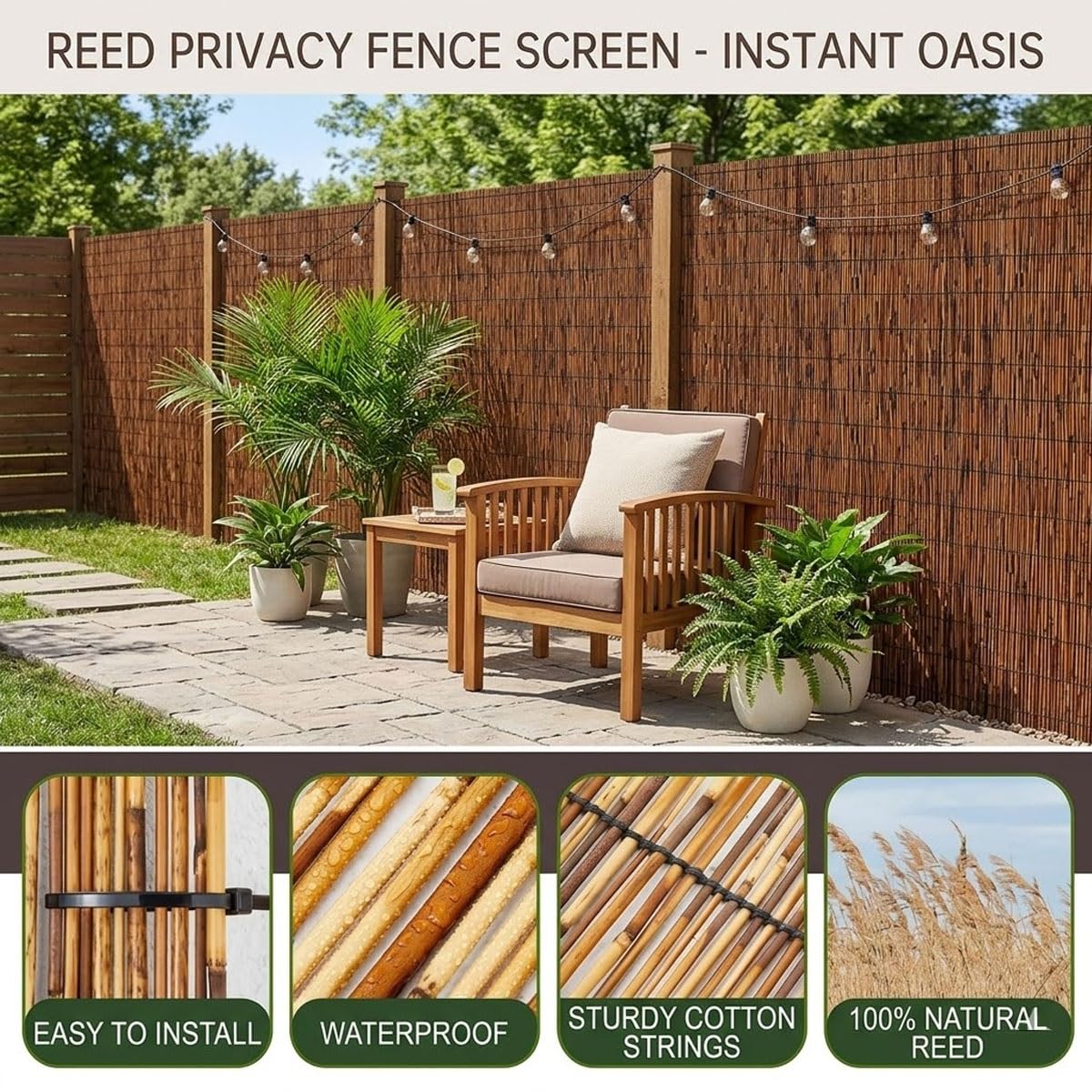 Arellas in Bambù Arrotolabile, Recinzione Frangivistas per Balcone e Giardino, Canniccio Ombreggiante per Privacy Esterno, Stuoia in Canna per Terrazza, Divisorio 30-200cm(Naturale,200x60cm)