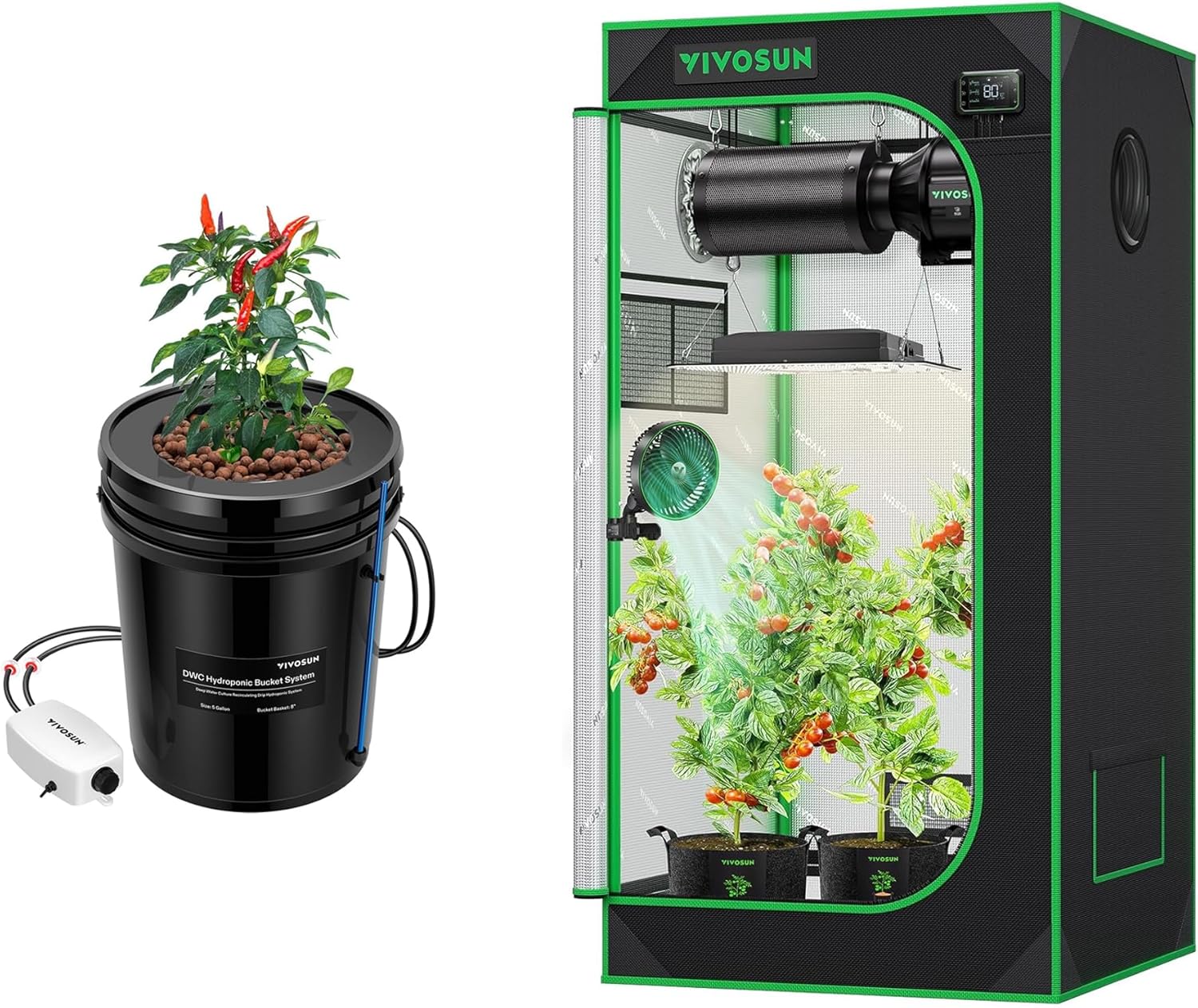 VIVOSUN DWC Hydroponics Grow System and S224 2x2 Grow Tent, 24"x24"x48" High Reflective Mylar with Observation Window and Floor Tray