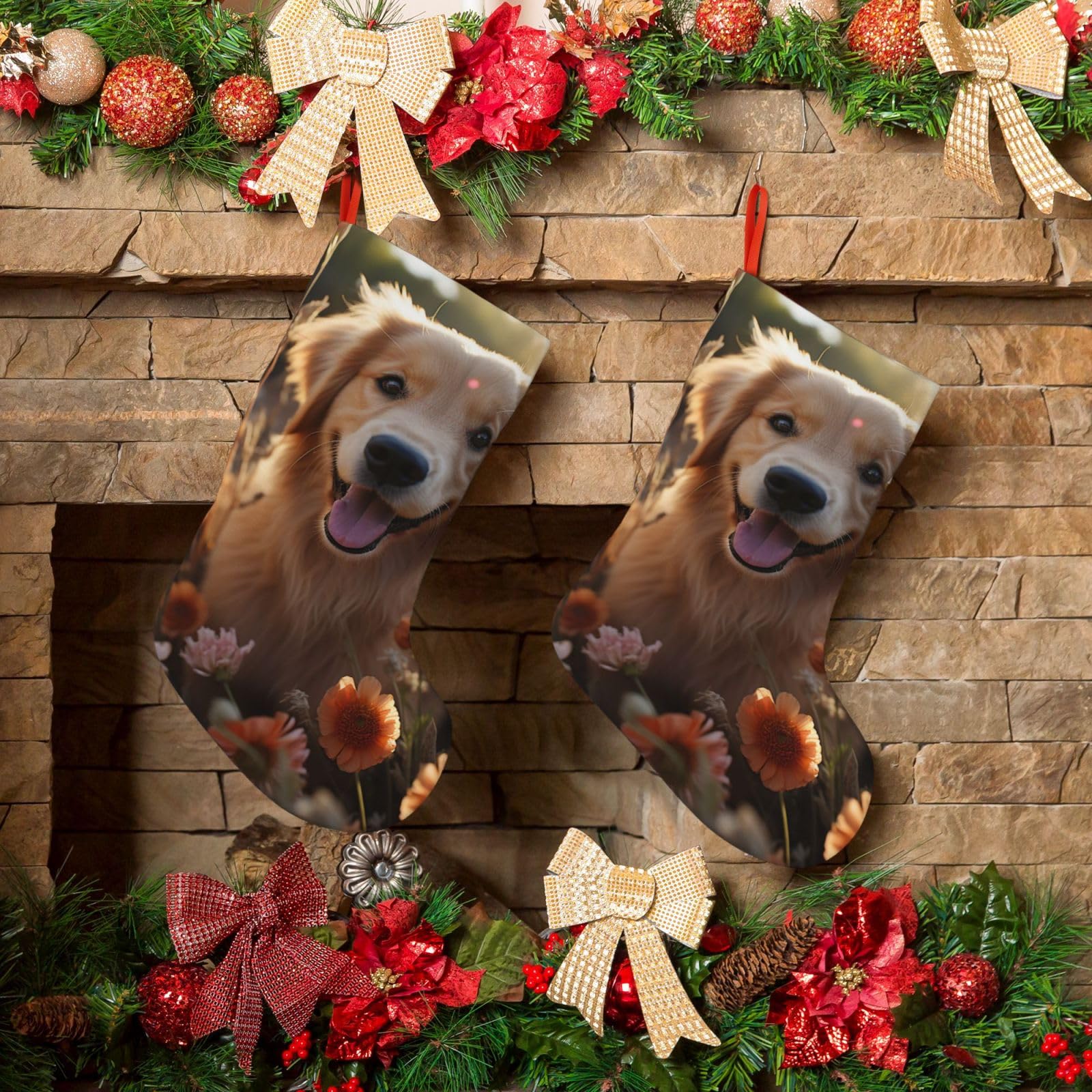 KLOPH Christmas Stockings 18" Personalized Xmas Stocking Golden Retriever and Flowers Decoration Stockings Hanging Ornaments Fireplace Stocking for Holiday Xmas Tree Christmas Decor