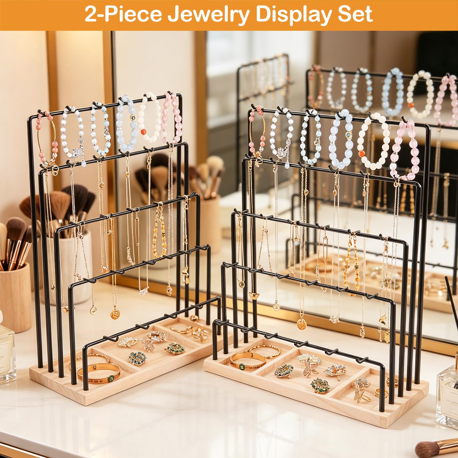 Espositore orecchini set da 2, supporto gioielli in legno con 5 livelli e 3 ganci, espositore per negozio e mercati, per orecchini collane bracciali e accessori