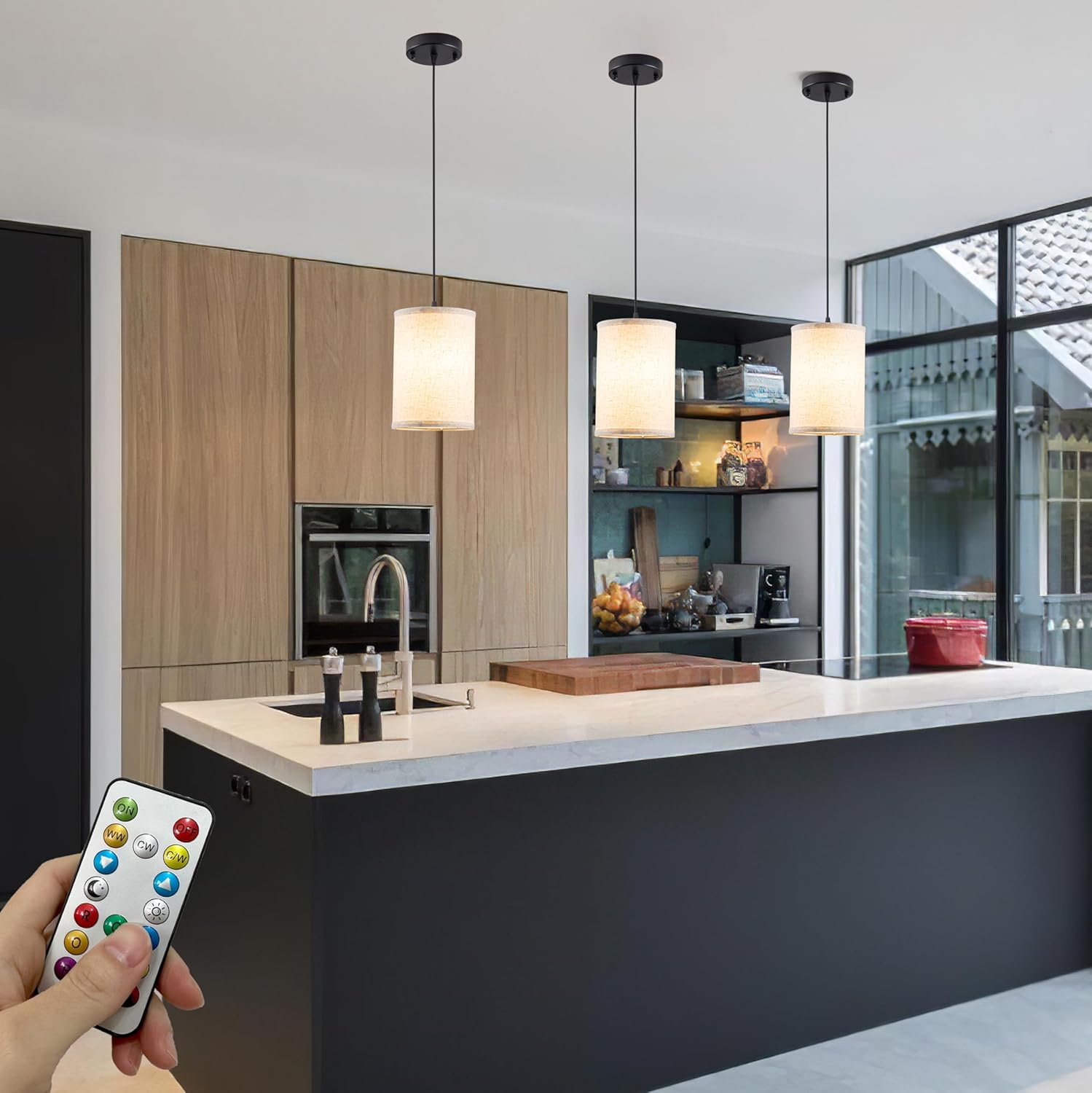 Battery Operated Pendant Light with Remote,Fabric Pendant Lights Kitchen Island 3 Pack No Hardwired,Cordless Hanging Lights for Living Room with 50hrs+Long Life Rechargeable Light Bulbs