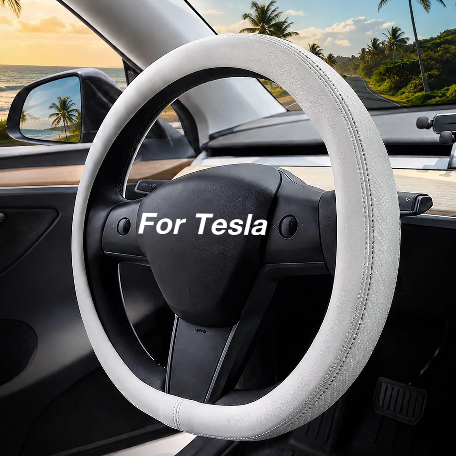 Steering Wheel Cover for Tesla Model Y Juniper Model 3 Highland, D-Shaped, Non-Slip Carbon Fiber, White