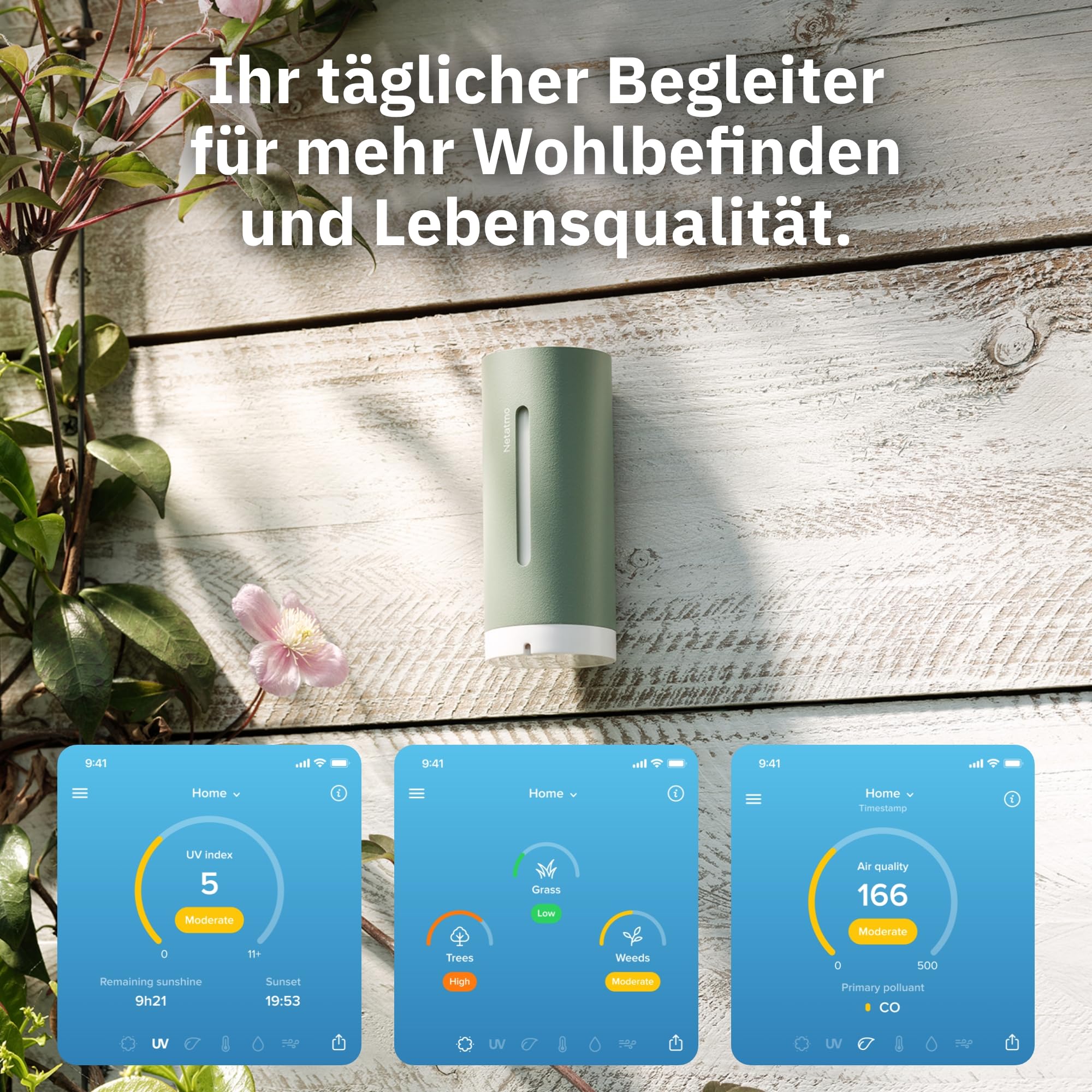 Netatmo Smarte Wetterstation ORIGINAL 2. Gen Mint – WLAN Innen & Außensensor, Temperatur, Luftfeuchtigkeit, Luftqualität, Pollenflug (Baumpollen), UV-Index, Apple, Alexa, Apple Home, Google