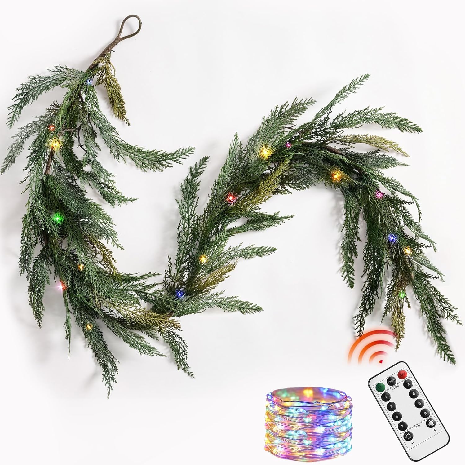 Christmas Cedar Garland Realistic with Lights - Cypress Decorations 6ft for Mantle Lighted Faux Pine Garlands for Xmas Home Decoration Indoor Stairs Railing Fireplace Outdoor 6 ft Prelit Door Decor