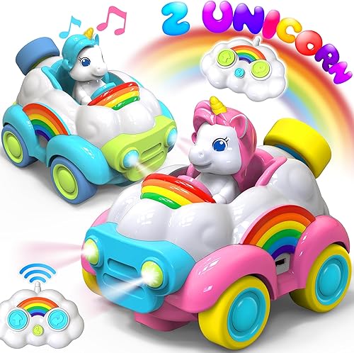 HopeRock Juguetes de unicornio con control remoto, juguetes para edades de 2 a 4 años, juguetes para niñas de 3 años, paquete de 2 con luces LED,