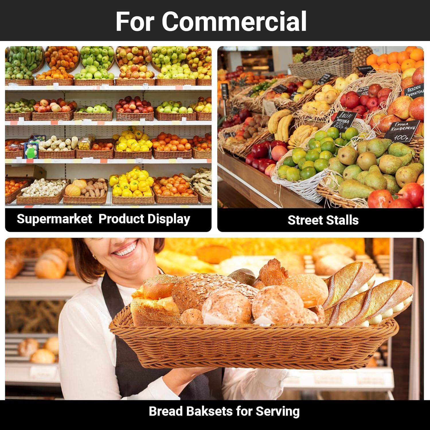 Wicker Bread Basket, Eusoar 15.8"x 11.8"x 3.0" 3pcs Tabletop Food Serving Baskets Trays, Bread Proofing Basket, Woven Tabletop Food Fruit Vegetables Serving Basket for Restaurant Bakery Family Party