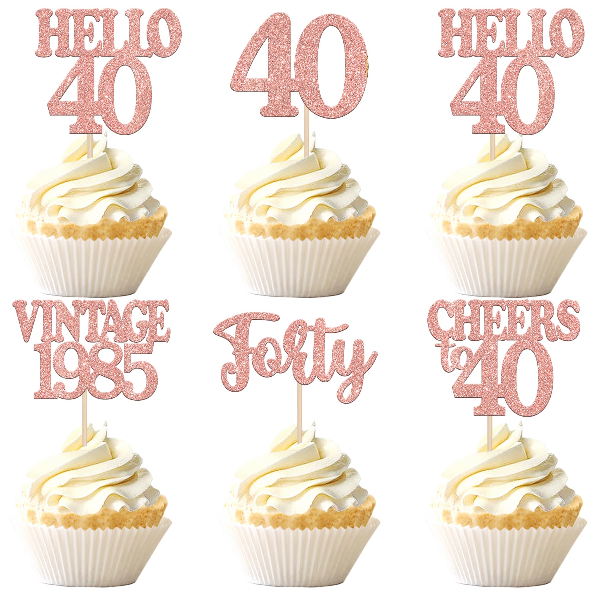 30PCS Happy 40th Birthday Cupcake Toppers Glitter Hello 40 Forty Vintage 1985 Cupcake Picks Cheers to 40 Birthday Party Decorations for 40th Birthday Anniversary Party Cake Decorations Rose Gold