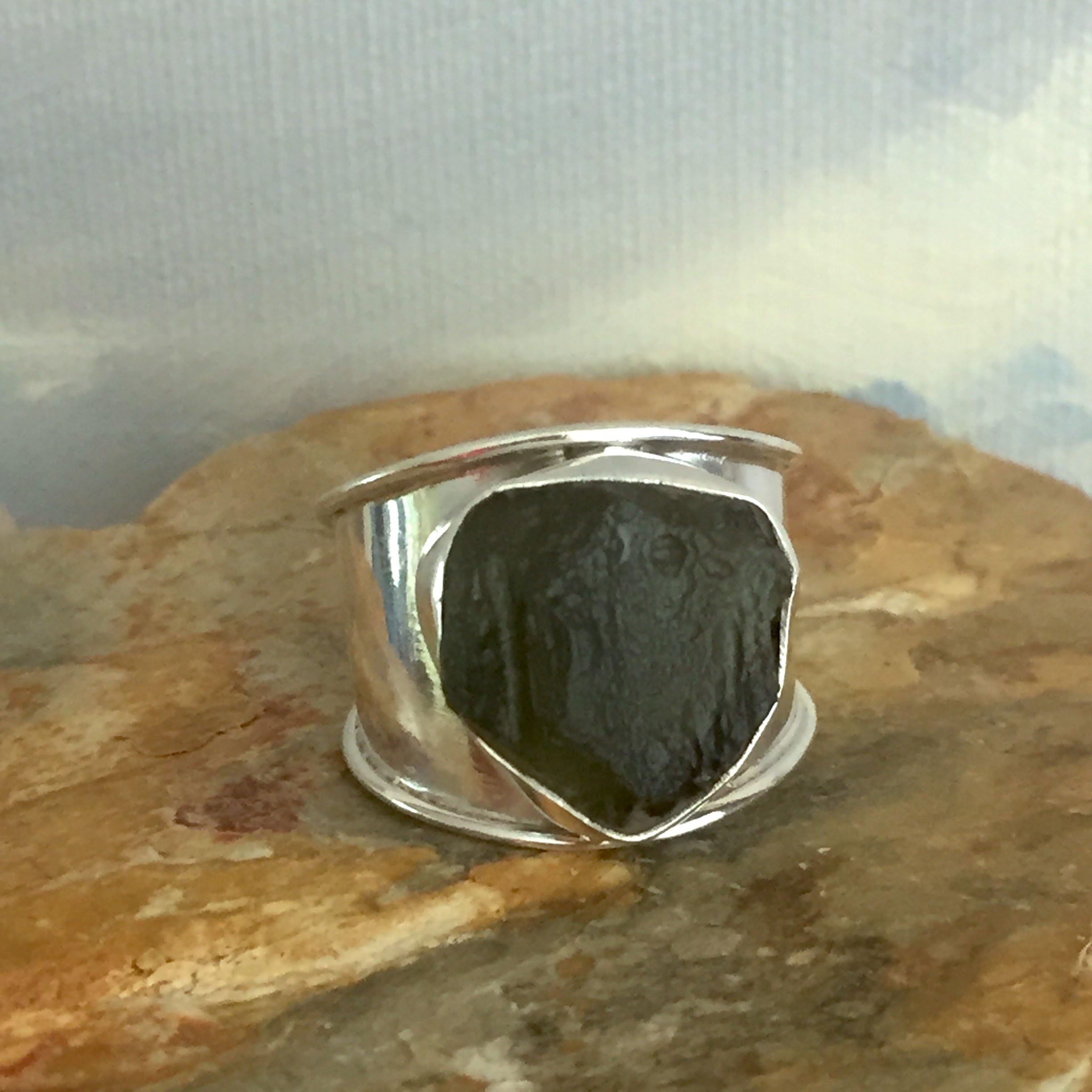 Sz. 10, Natural CZECH MOLDAVITE Tektite, 925 Sterling Silver Band Style Adjustable Ring for Men and Women.