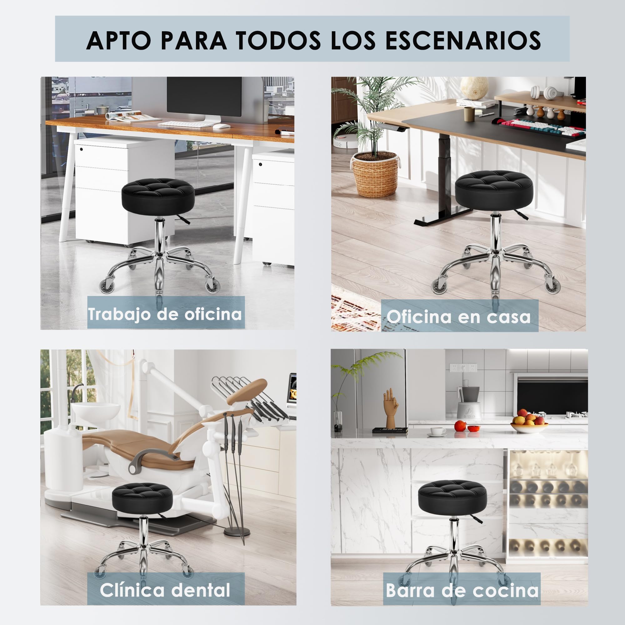 BEWISHOME Taburete con Ruedas, Ajustable giratoria de 360°, Silla de Piel sintética Resistente para Asiento Grueso,Peso de 200 kg, para salón de Belleza, SPA, clínica(Negro)