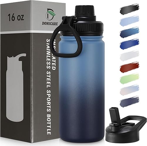 Miniatura 57 de DOMICARE Botella de agua aislada, 22 onzas, botella deportiva reutilizable de acero inoxidable aislada al vacío con tapa de popote y tapa de