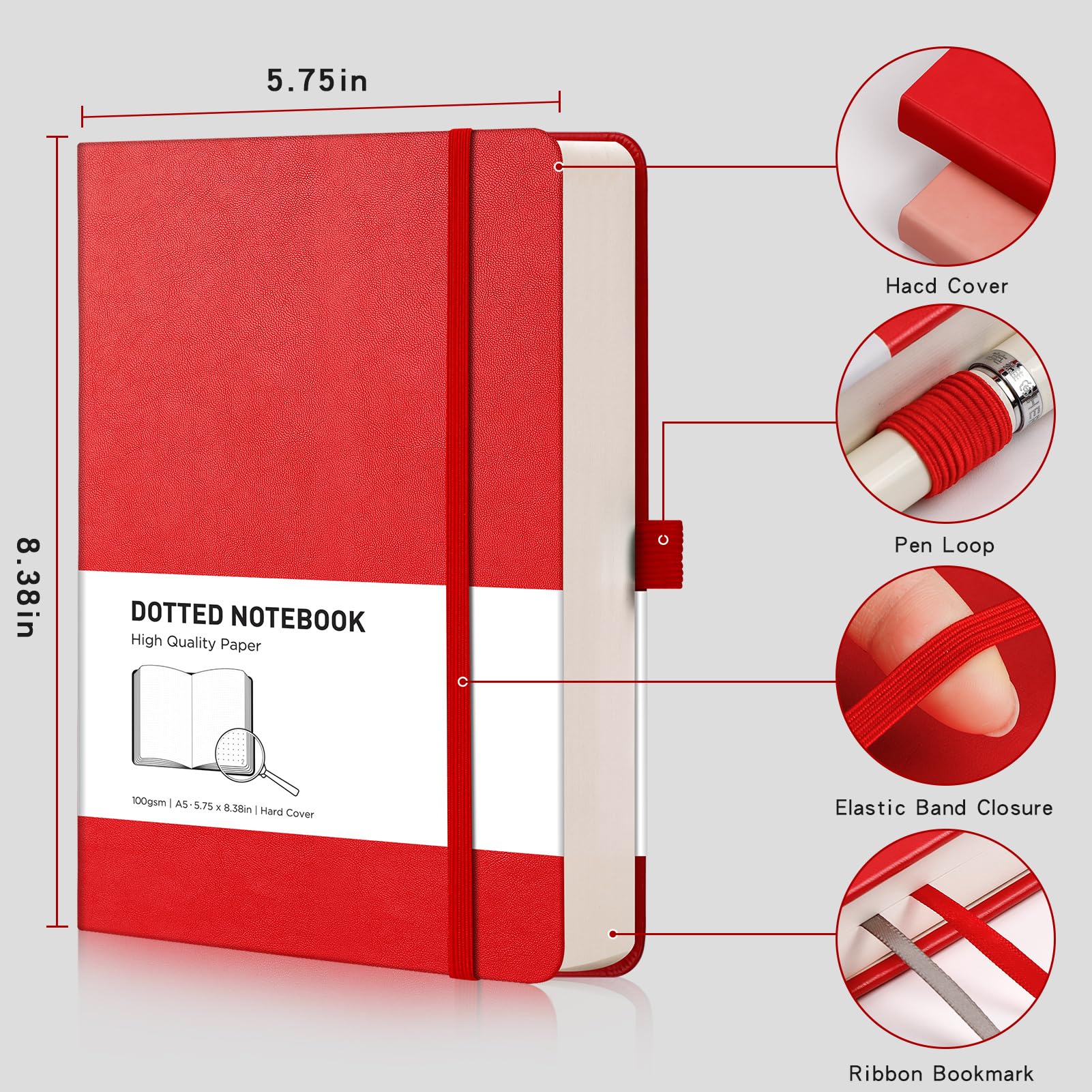 RETTACY Notatnik w kropki A5 - Bullet Dot Grid Journal z 320 ponumerowanymi stronami, 1 kieszenią tylną i wysokiej jakości twardą okładką dla artystów do pisania/rysowania, 14,5 x 21 cm - czerwony