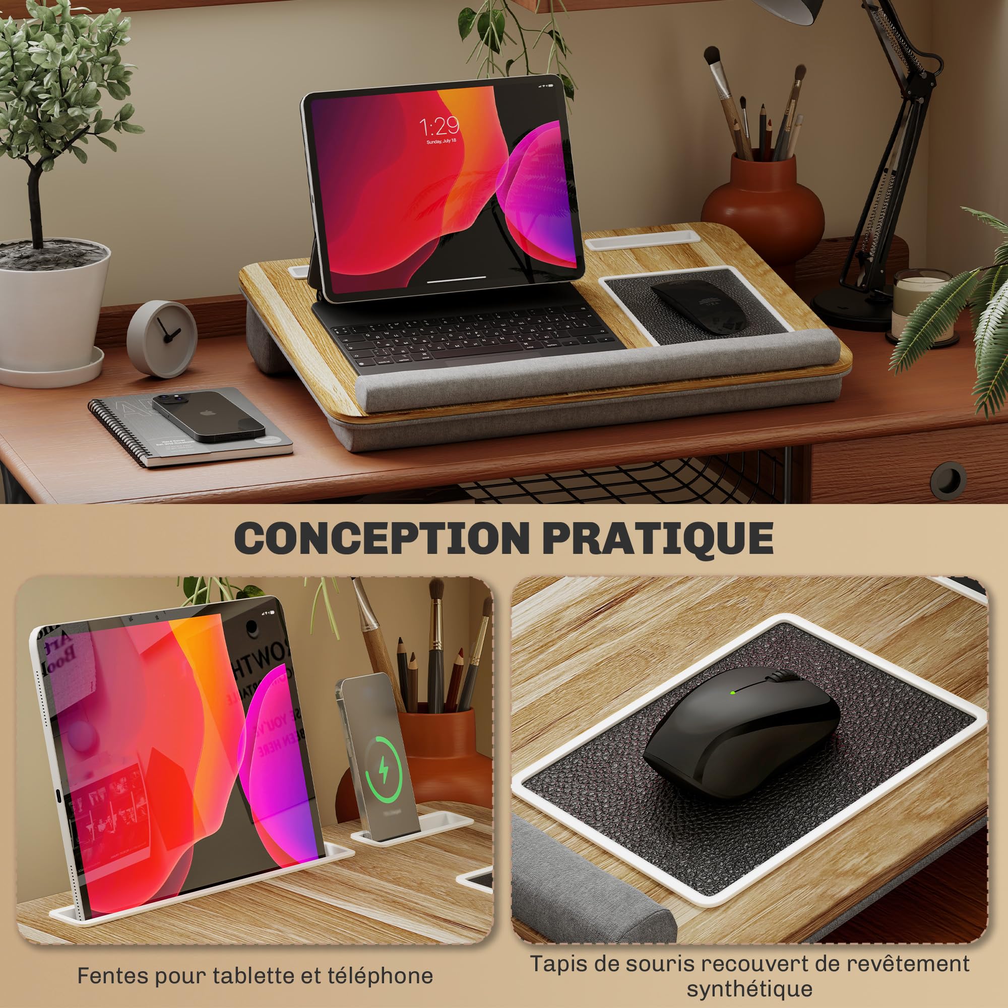 HOMCOM Support Ordinateur Portable lit Plateau pour Ordinateur Portable Table de lit avec traversin, Fente pour Tablette ou téléphone, Tapis de Souris, Repose-Poignet et poignée, 55,5 x 37 x 9 cm