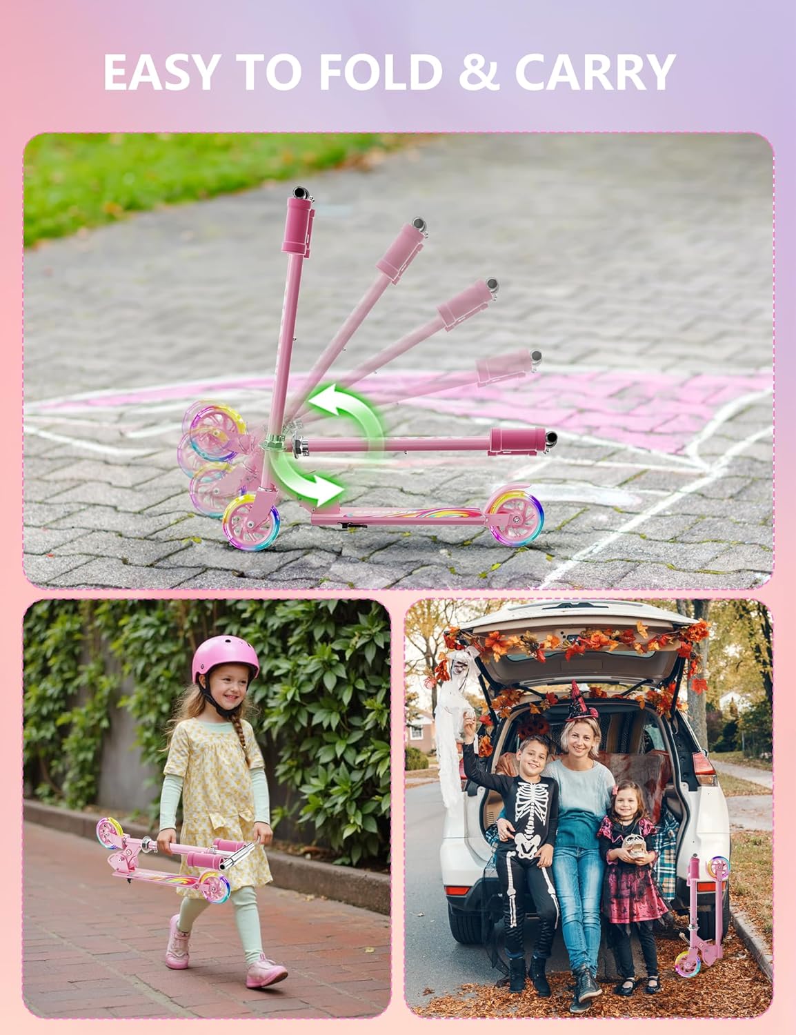 Scooter for Kids Ages 3+, Kids Kick Scooter with Led Light Up, Girly Pink Scooter with 3 Levels Adjustable, Lightweight Foldable Scooter for Boys&Girls Christmas Birthday Gift - Image 7