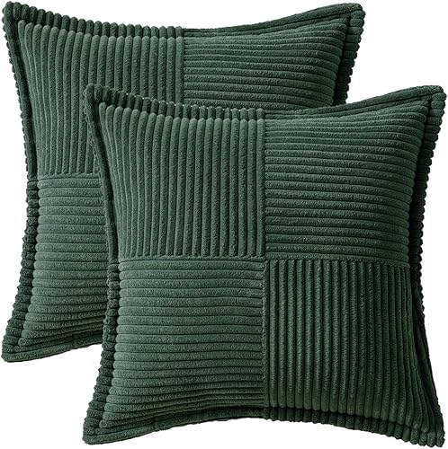 Miniatura 8 de MIULEE Juego de 2 fundas de almohada de pana verde oscuro con empalme, súper suaves, bohemias a rayas, de Navidad, almohadas decorativas con textura