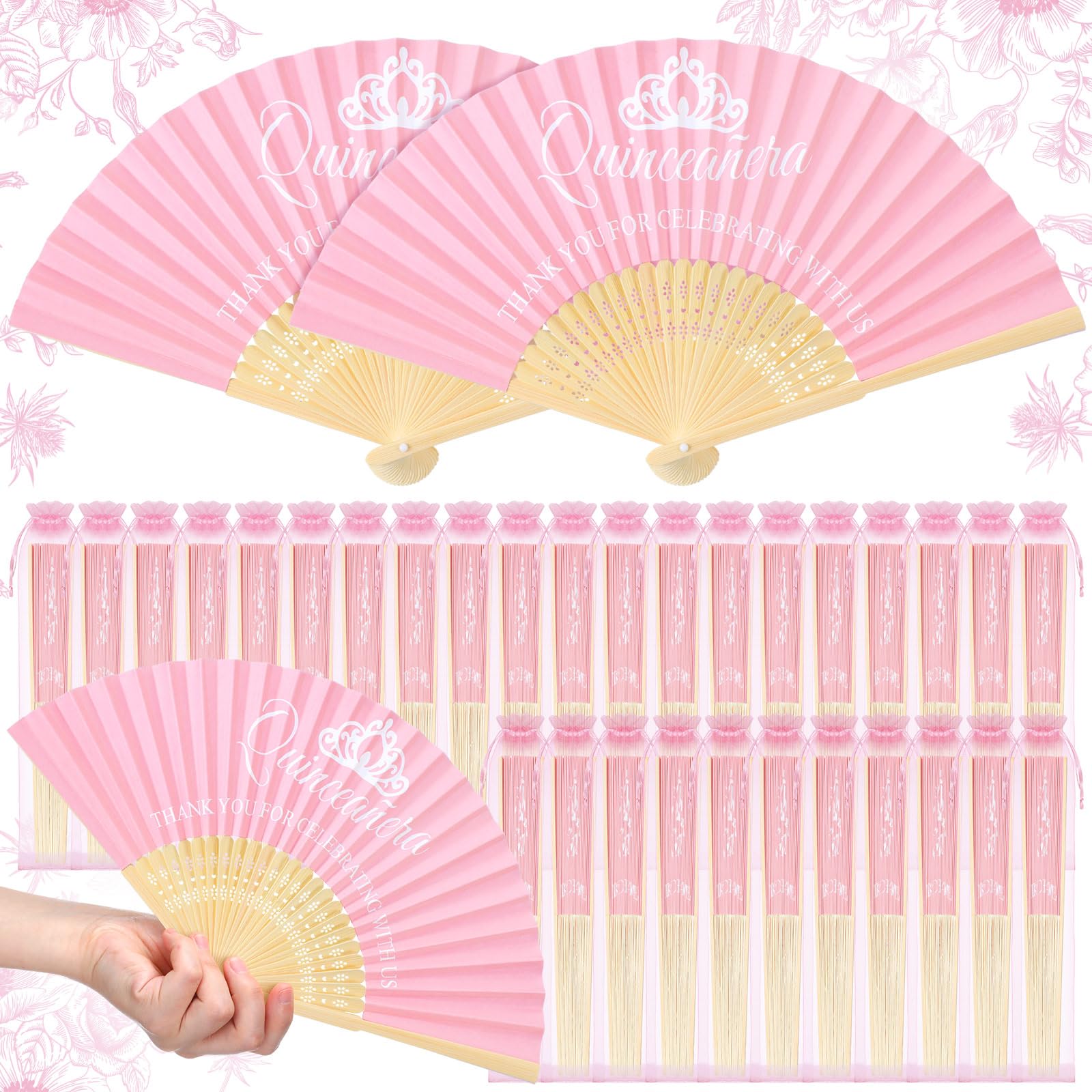 Weysat 36 Pcs Recuerdos para 15 Años Quinceañeras Quinceanera Decorations Quinceanera Party Favors for Guests Hand Folding Fans with Organza Bags Gift for Birthday Wedding(Pink,Fresh)