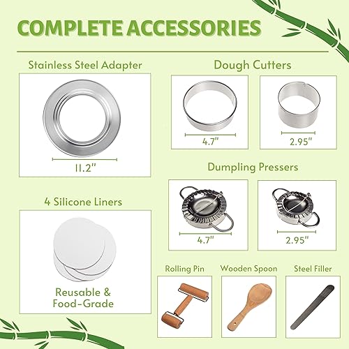 Miniatura 2 de Vaporizador de bambú de 2 niveles de 10 pulgadas con refuerzo y mango, forro de silicona reutilizable y kit de accesorios para cocinar albóndigas,