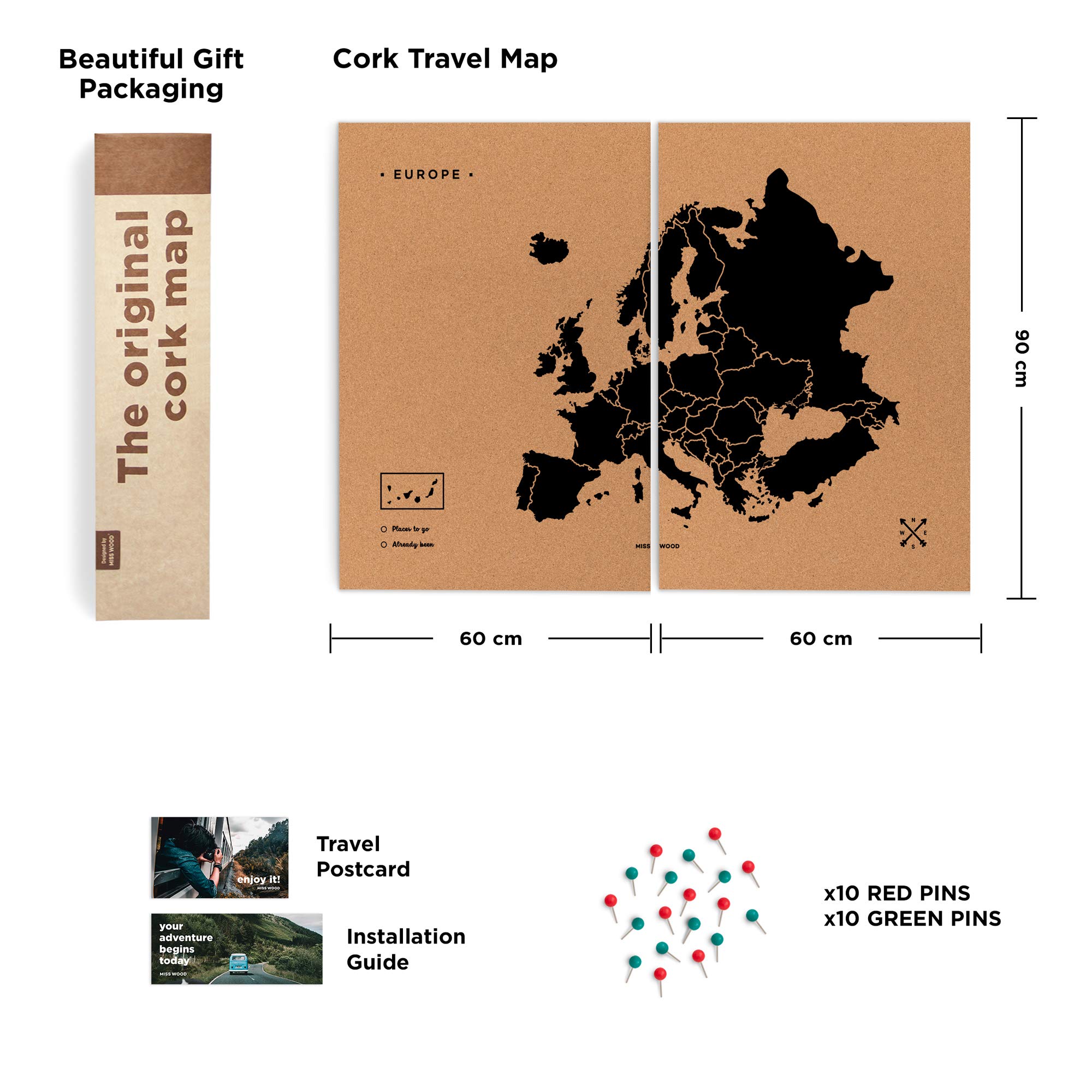 Miss Wood Woody Map XXL - Mapa del Mundo de Corcho con diseño Europa, Color Negro