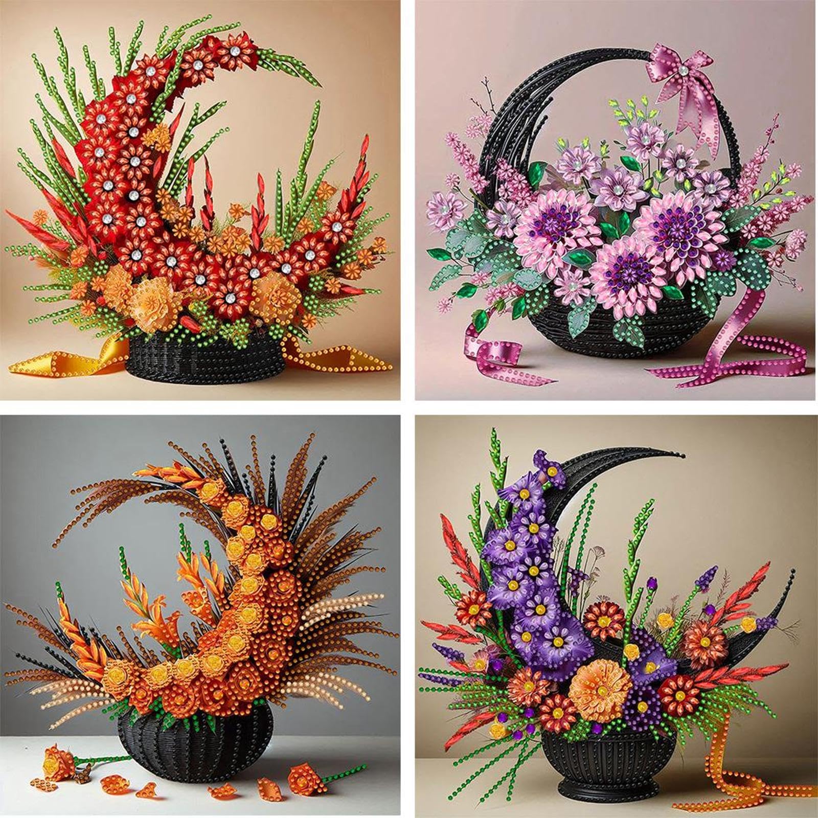 4pcs 5D Special Shape Flower Basket Diamond Art Painting Kits for Adults, DIY Crystal Rhinestone Gem Art Craft for Beginners, Diamond Mosaic Kit, Home Wall Decor Gift 11.8X11.8inch