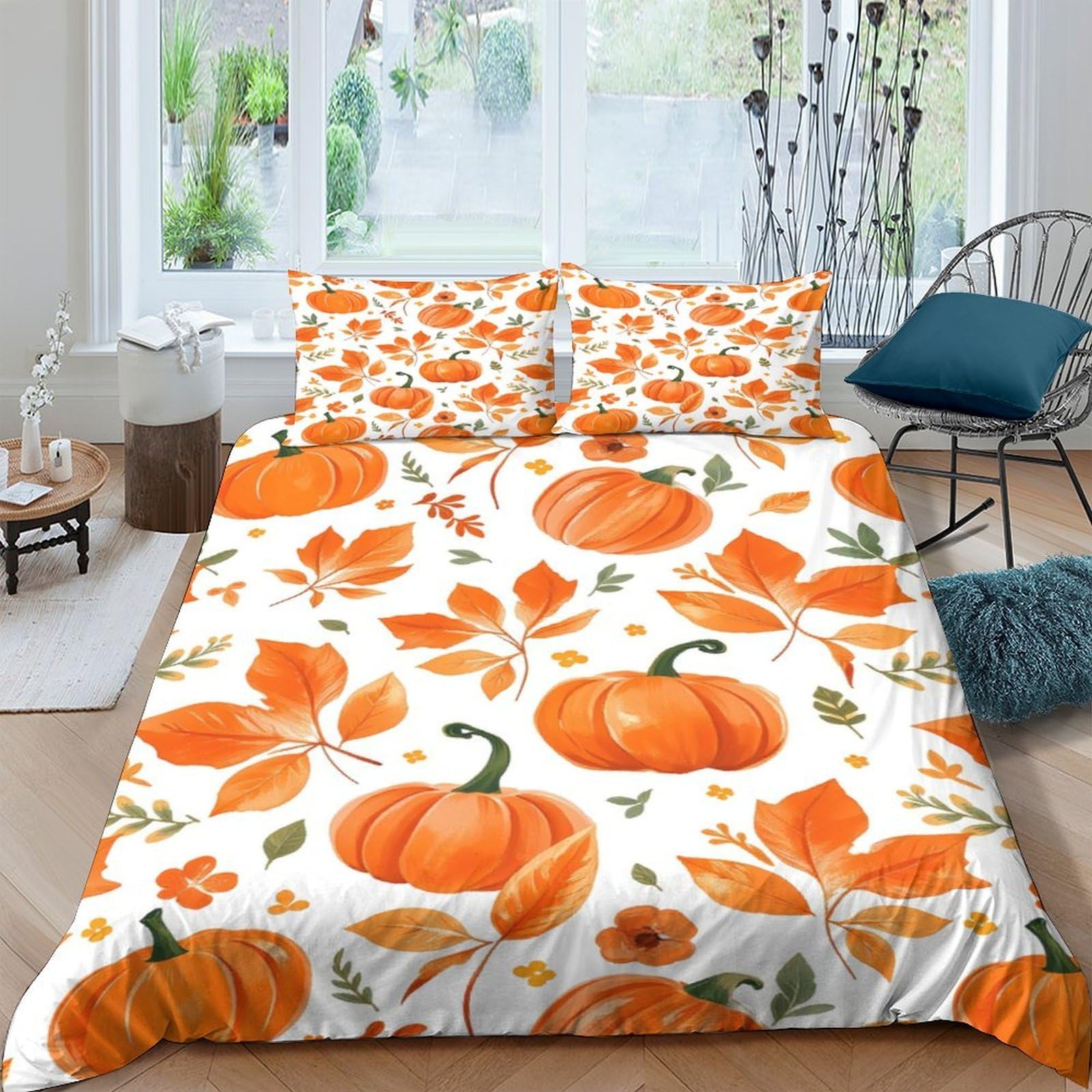 Ctjqhvkz Style-4 3D Printed Pumpkin Leaf Fitted Sheet Microfiber Soft Orange Autumn Bed Cover For Bedroom Guestroom Easy Care Single（135X200cm）