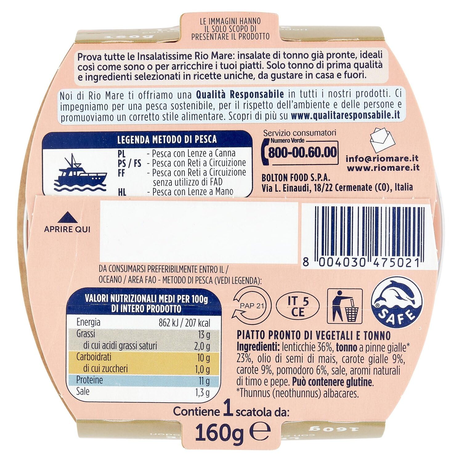 Ensalada de atún Rio Mare Insalatissime Insalata di Tonno Lenticchie con lentejas, zanahorias amarillas y tomates 160 g de comida preparada + polpa italiana gourmet 400 g