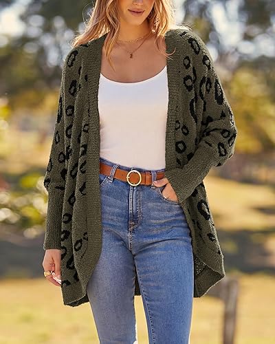 Miniatura 2 de BTFBM Cárdigan de leopardo para mujer, de manga larga, frente abierto, con bolsillos, holgado, de punto, para otoño e invierno