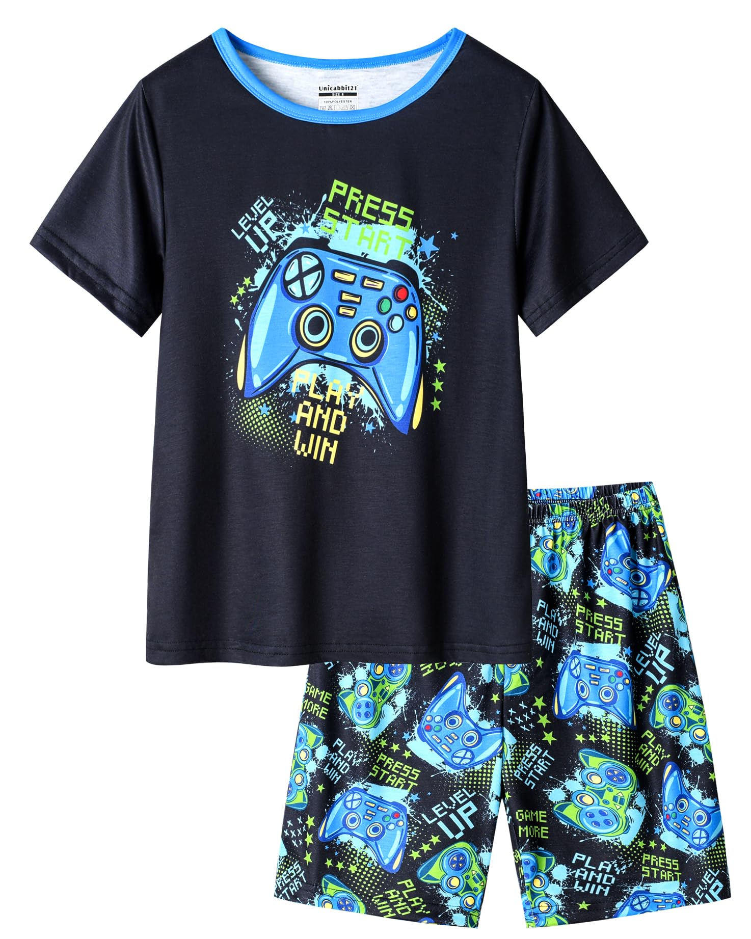 UNICABBIT21 Pajamas for Boys Cute Black Gamer Short Sleeve and Shorts Sleepwear 2PCS Big Kids PJS Nighty Clothes Size 6-16