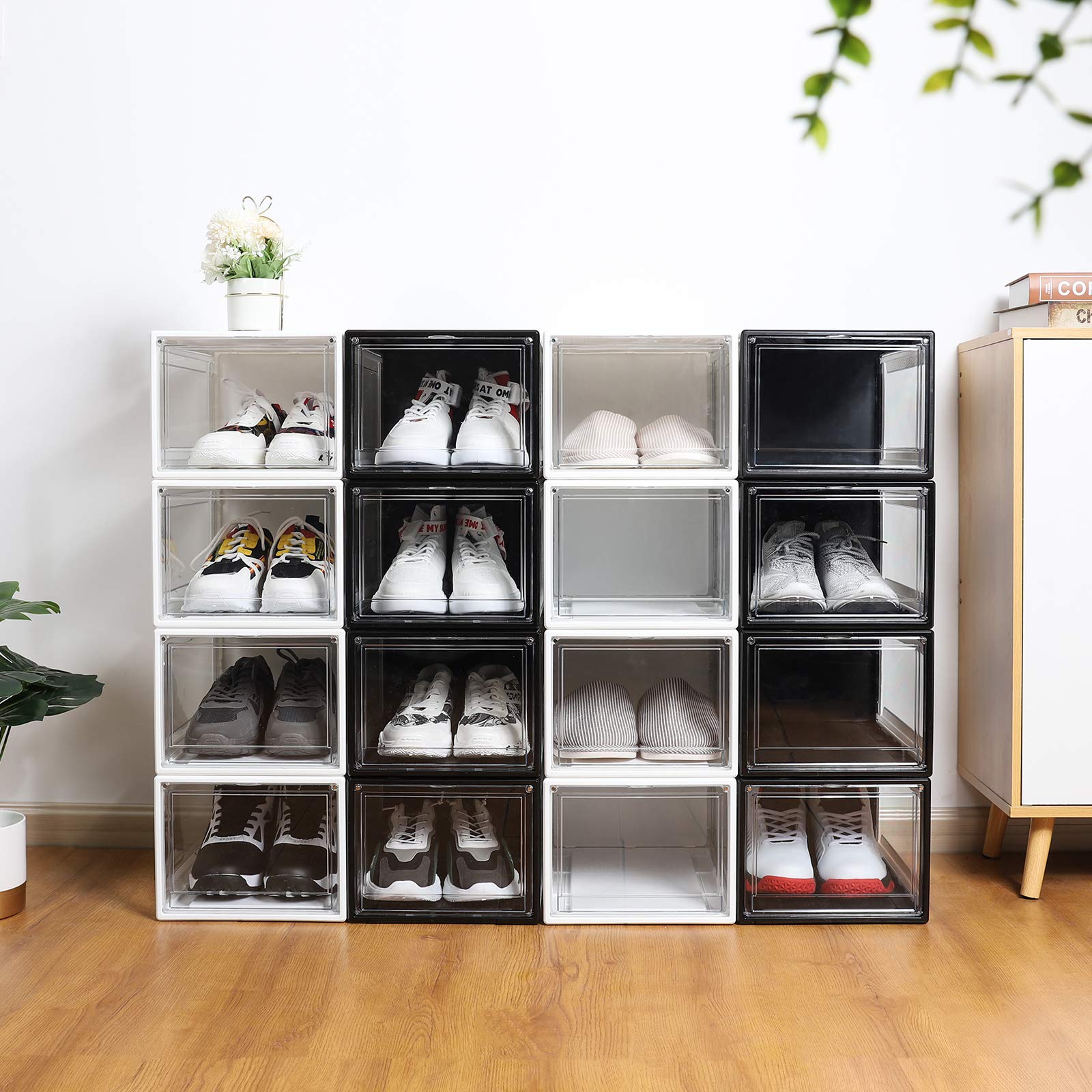 Yorbay Schuhbox, 3er Set, stapelbarer Schuhorganizer, Kunststoffbox mit durchsichtiger Tür, Schuhaufbewahrung, für Schuhe bis Größe 48, Super transparent schwarz