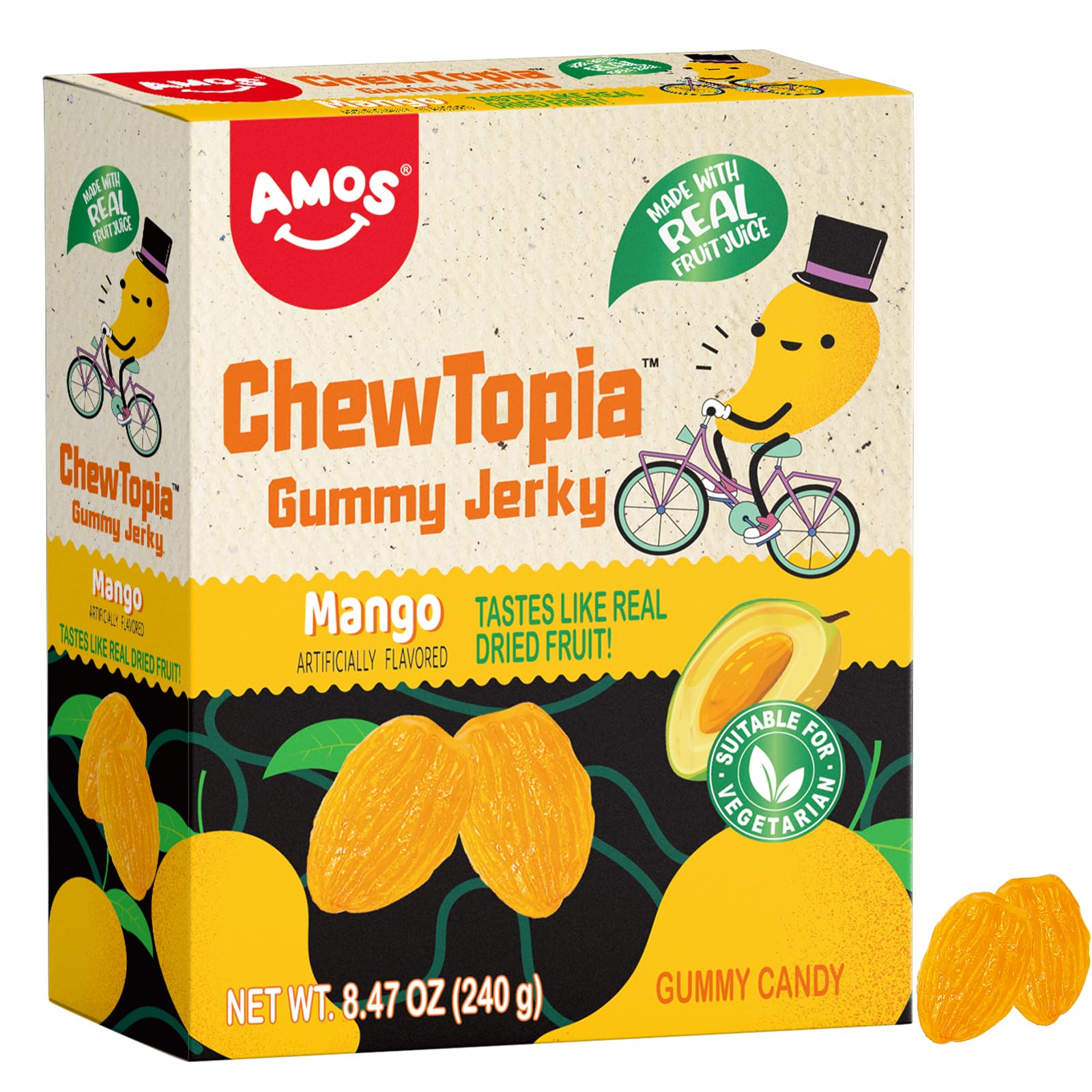 AmosChewTopia Mango Gummy Jerky – Vegan Chewy Fruit Snack, Tastes Like Real Dried Mango, Soft & Chewy Gummy Candy, 8.47oz Box (Approx. 9 Shareable Packs)