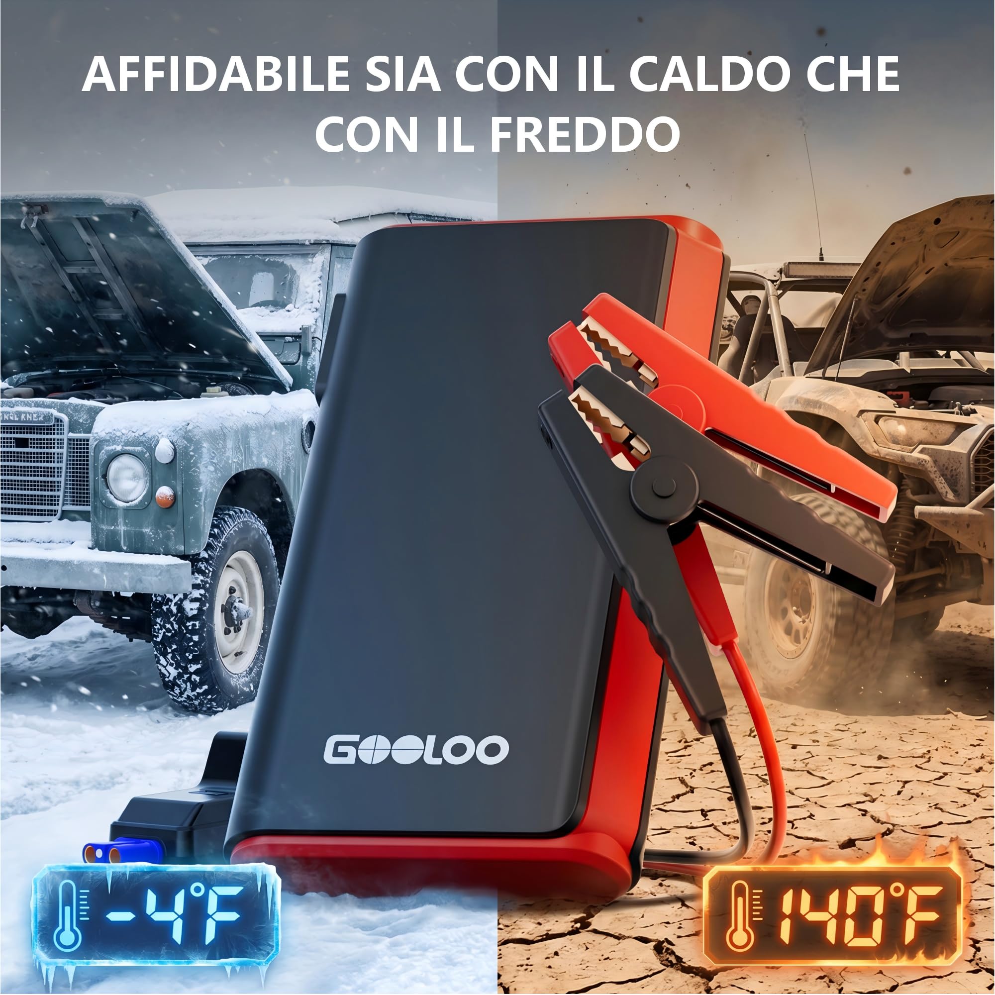 GOOLOO Avviatore di emergenza GE2000 2000A con morsetti in metallo intelligenti e ricarica rapida | 8L Gas / 6L Diesel compatibile, USB-A Fast Charging Port, Luce di emergenza LED, 12 V batteria auto Booster per auto e SUV