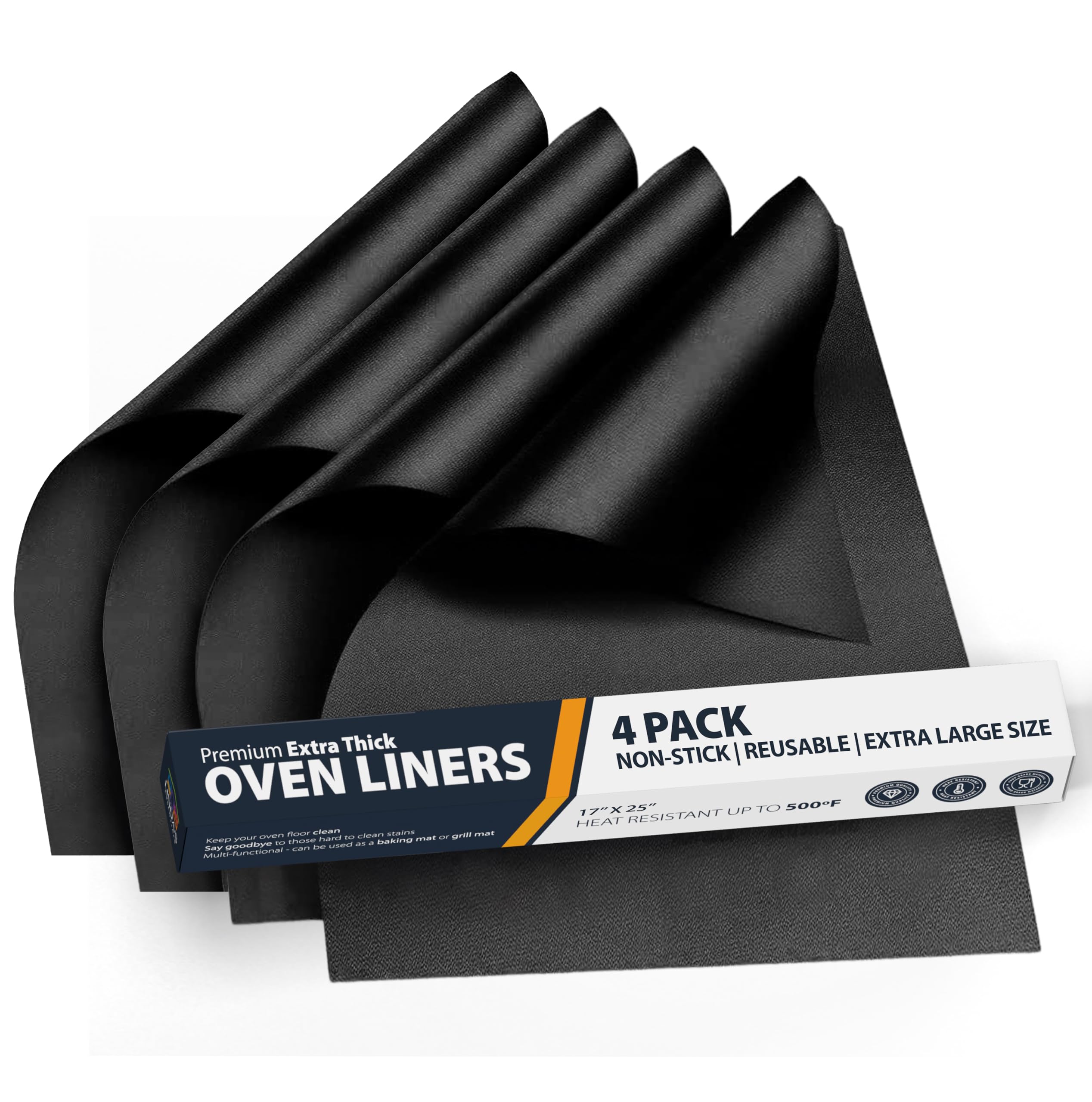 Oven Liners for Bottom of Oven - 4 Pack Large Heavy Duty Mats, 17”x25” Non-Stick Reusable Liner for Electric, Gas, Toasters, Grills - BPA & PFOA Free Kitchen Accessory to Keep It Clean (Black)