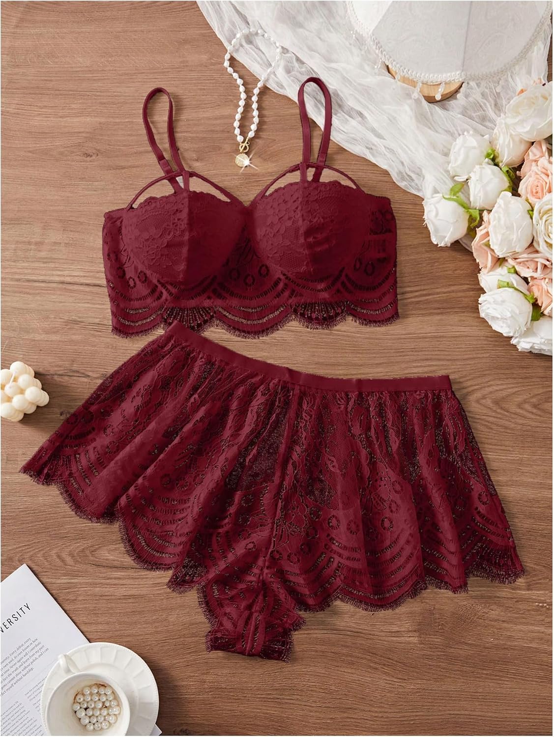 SHENHE Women's Plus Size Lace Pajama Set 2 Piece Cut Out Scallop Trim Cami and Shorts Bridal Wedding Sleepwear - Image 3