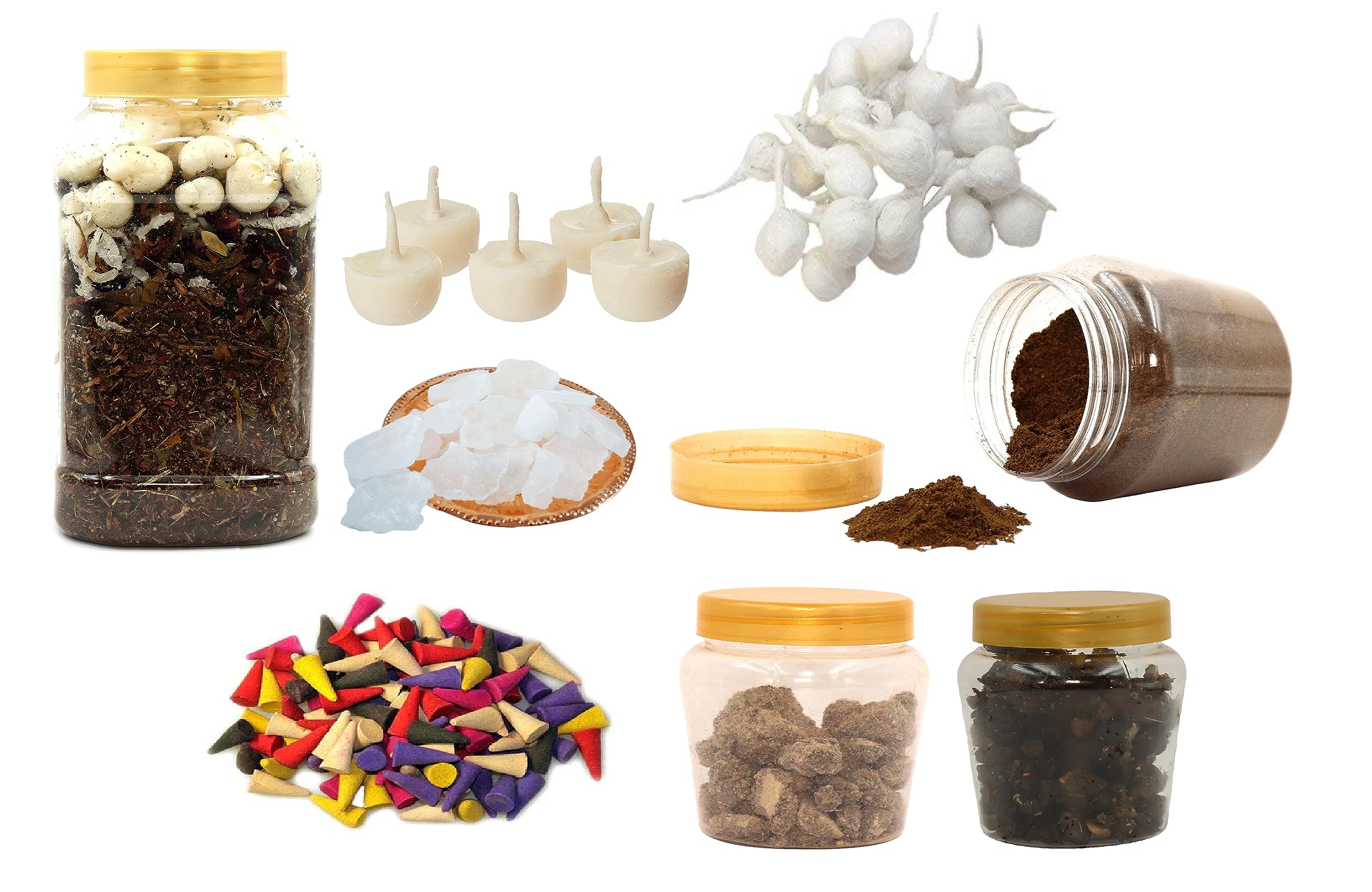 NOHUNT Navratri Combo Hawan Samagri 500gm with 18 Piece Ghee Diya Batti 100gm Desi Camphor 100gm Loban 100gm Guggal 100gm Dhooni Kalawa 18 Pieces Plain Diya Batti 50 Dry Cone Dhoop