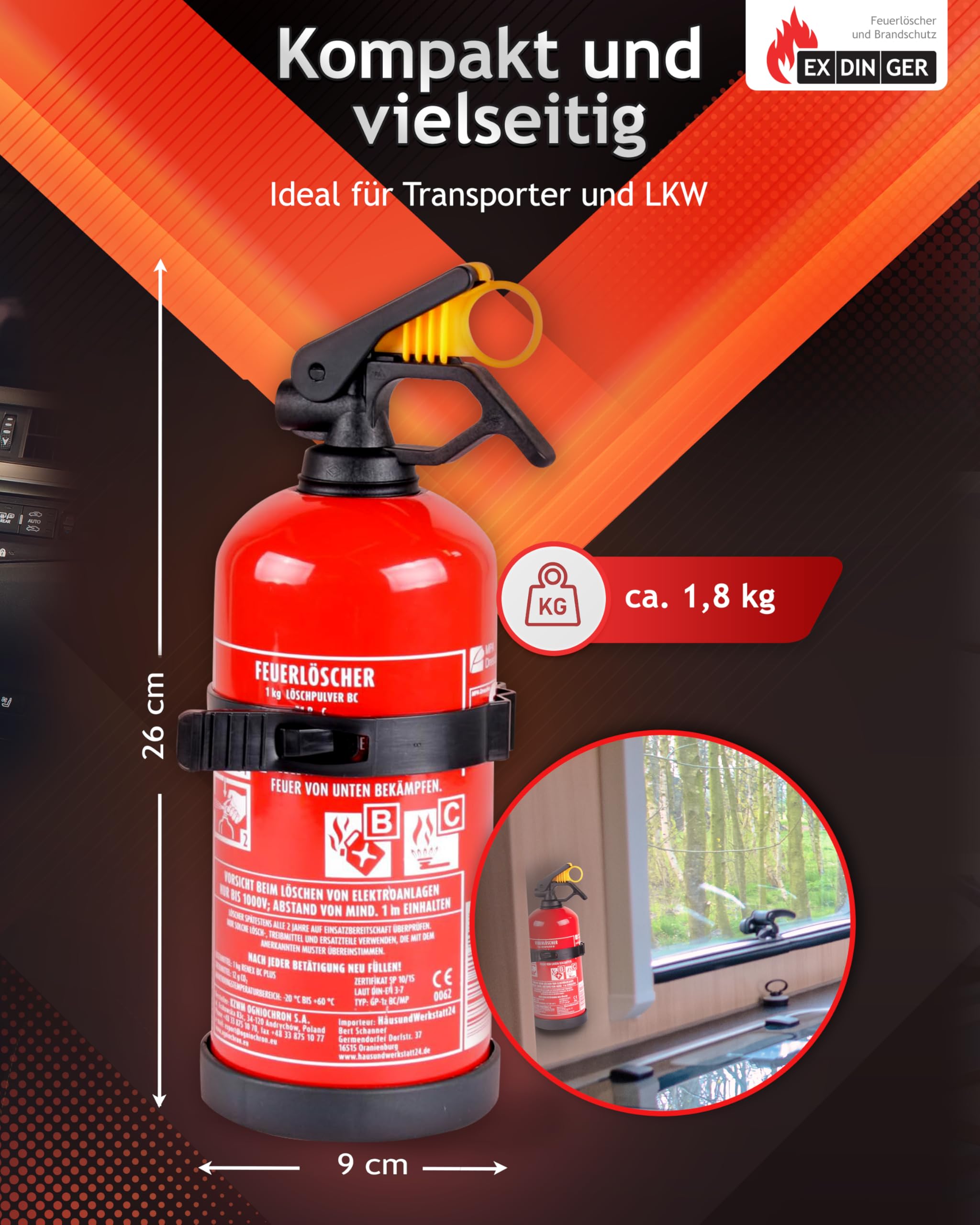 EXDINGER BC-Pulver-Autofeuerlöscher 1kg (Aufladelöscher GP-1Z BC Halterung Sicherungskeil)