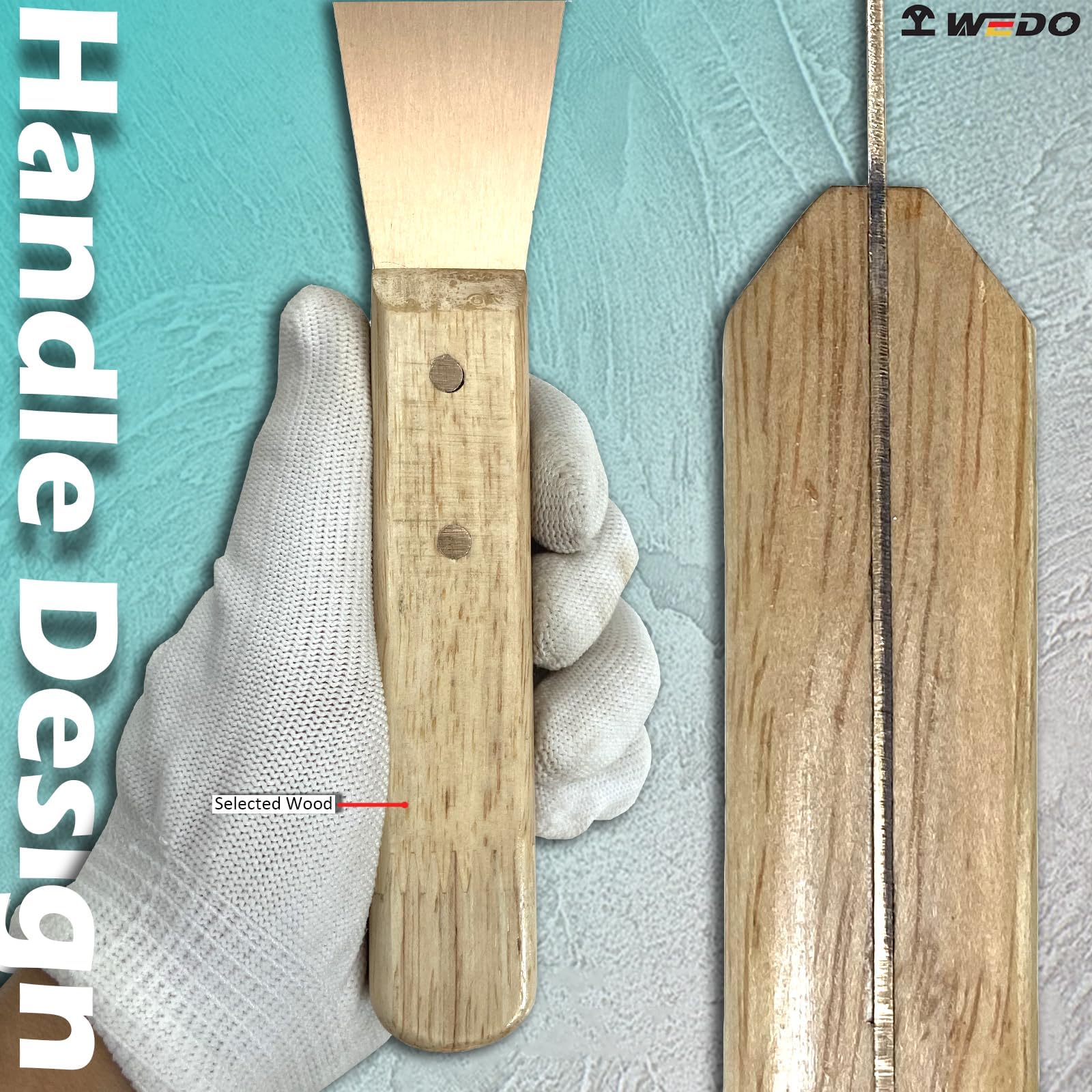 WEDO Espátula,Espátula de pintor con hoja recta y mango de madera de 40mm,Espátula no brillante,bronce de aluminio,DIN,BAM FM,350mm de longitud,herramienta de seguridad sin chispas