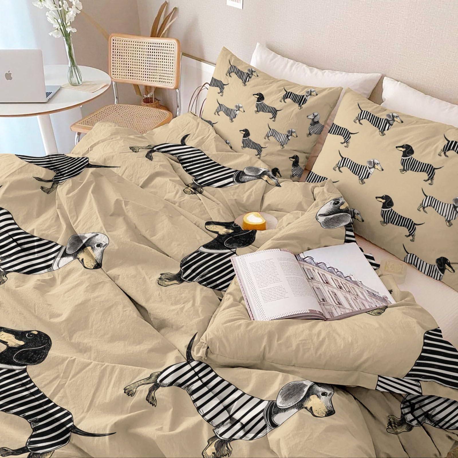 Wende-Bettbezug, Mikrofaser Einfach Dackel Streifen Niedlich Bettbezug aus Atmungsaktive, Sommer Bettwäsche-Set mit Kissenbezug Bunt Bettwäsche-Set mit Reißverschlus 180 x 200 cm
