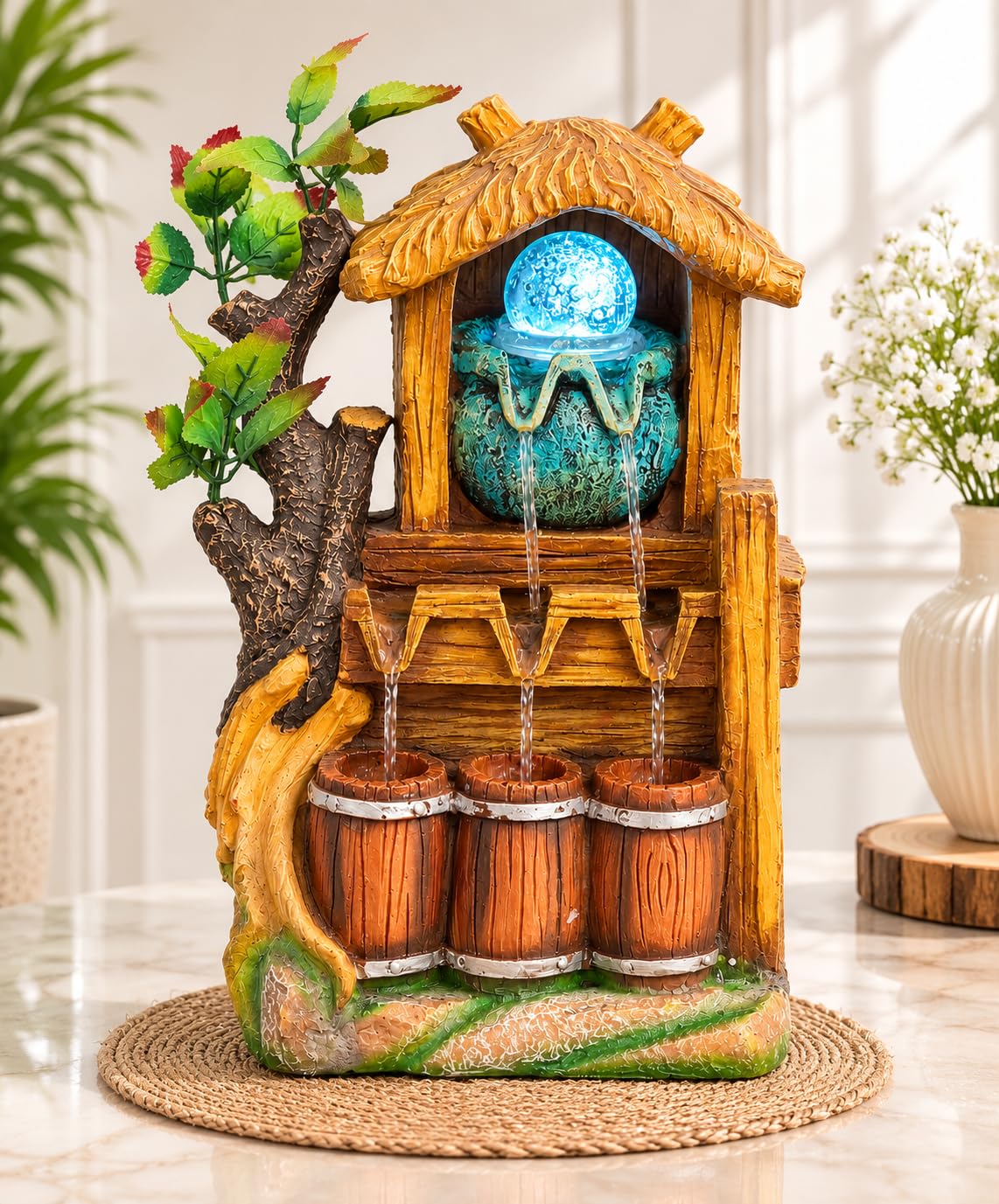 CHRONIKLE Polyresin Designer Hut Style Table Top Indoor 2 Steps Waterfall Fountain for Living Room Home with LED Lights, Speed Controller Pump & Crystal Ball (Size: 36 x 23 x 18 CM | Color: Multi)-image-12