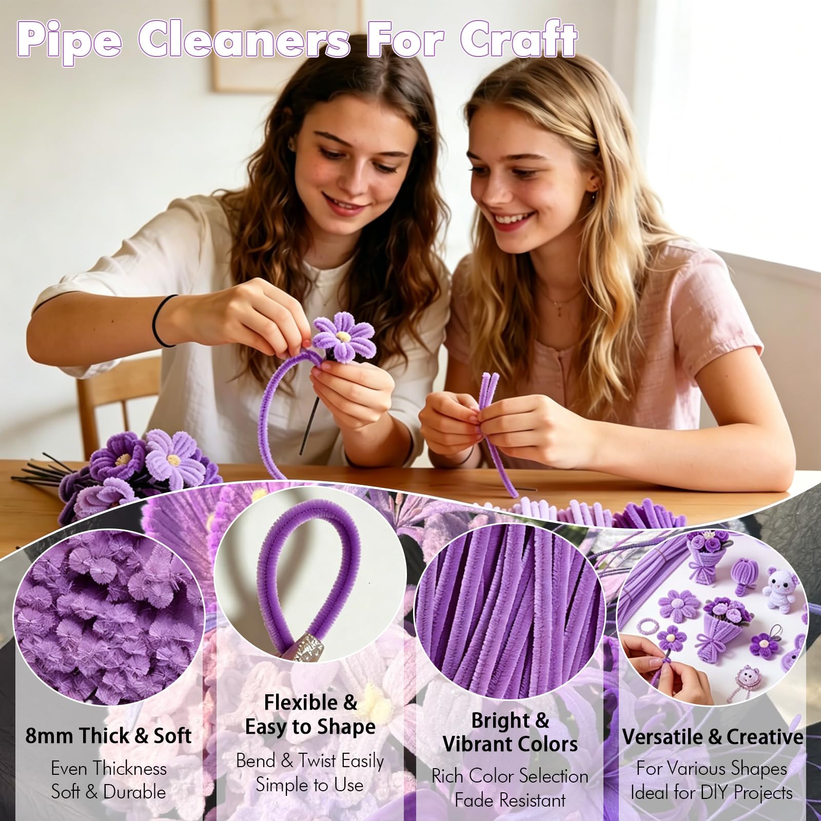 Lot de 500 cure-pipes violets, 5 couleurs assorties pour travaux manuels, cure-pipes d'Halloween, tiges pelucheuses en chenille pour loisirs créatifs, projets créatifs