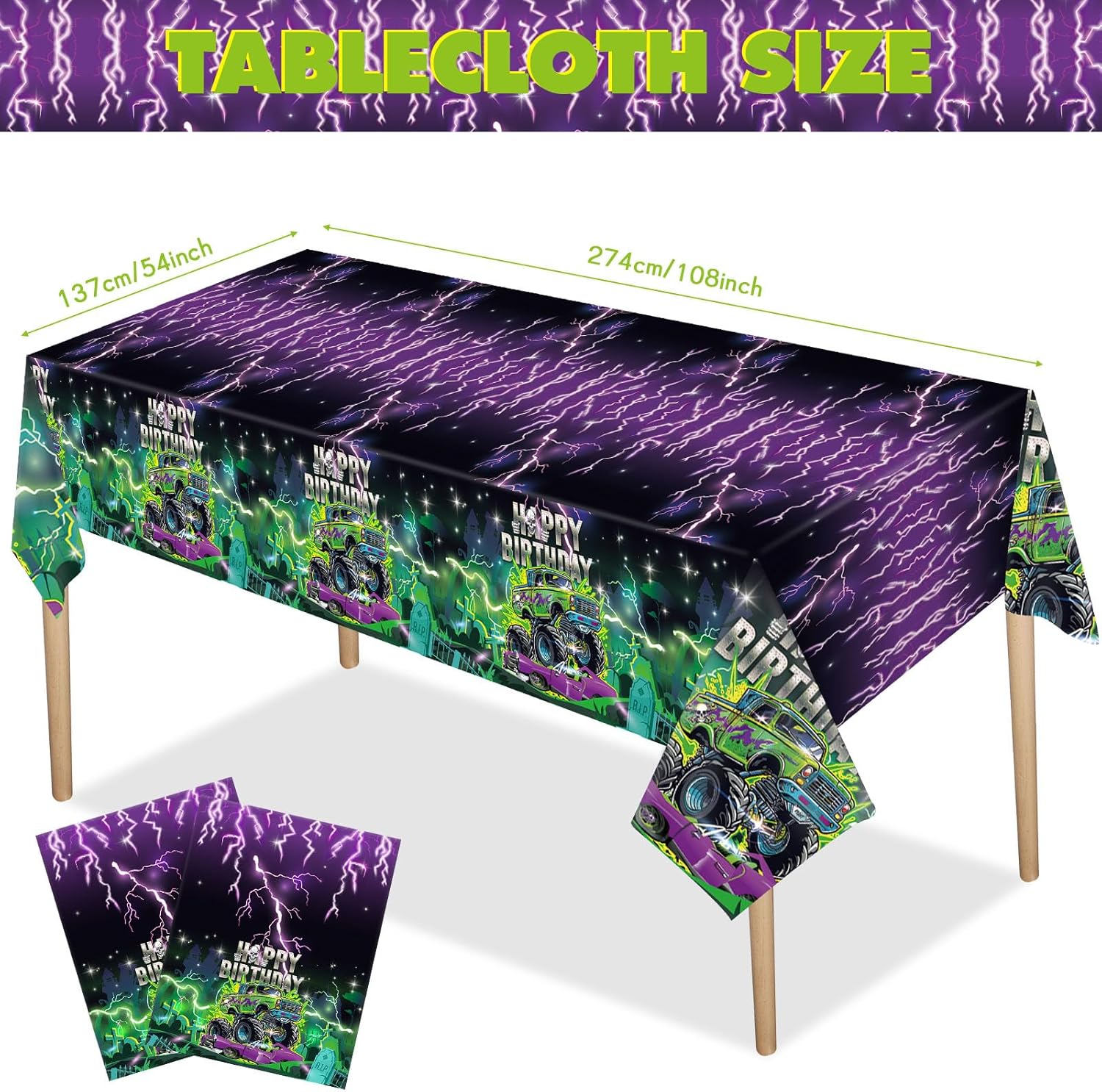 Qinyoung 172 Pcs Monster Truck Birthday Party Decorations Set Purple and Green Truck Birthday Tableware Tablecloth Hanging Banner Disposable Dinnerware Serves for 24 Guests Bday Party Supplies