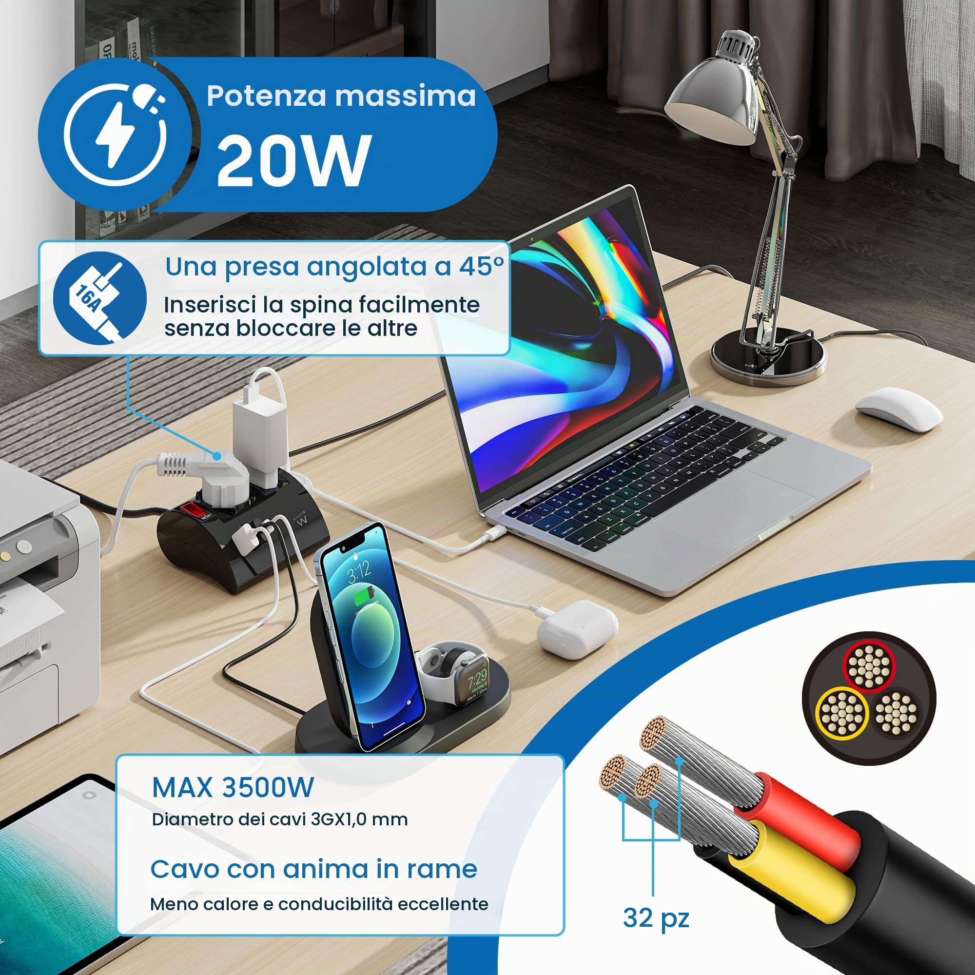 Ewent Multipresa da scrivania/tavolo con 3 Prese 10/16A e 2 porte USB-A e 1 porta USB-C, Interruttore ON/OFF, 3500W, Protezione da Sovraccarico,Spina IT10A e cavo da 2mt,Nera, 3 prese (2ITA/Schuko)