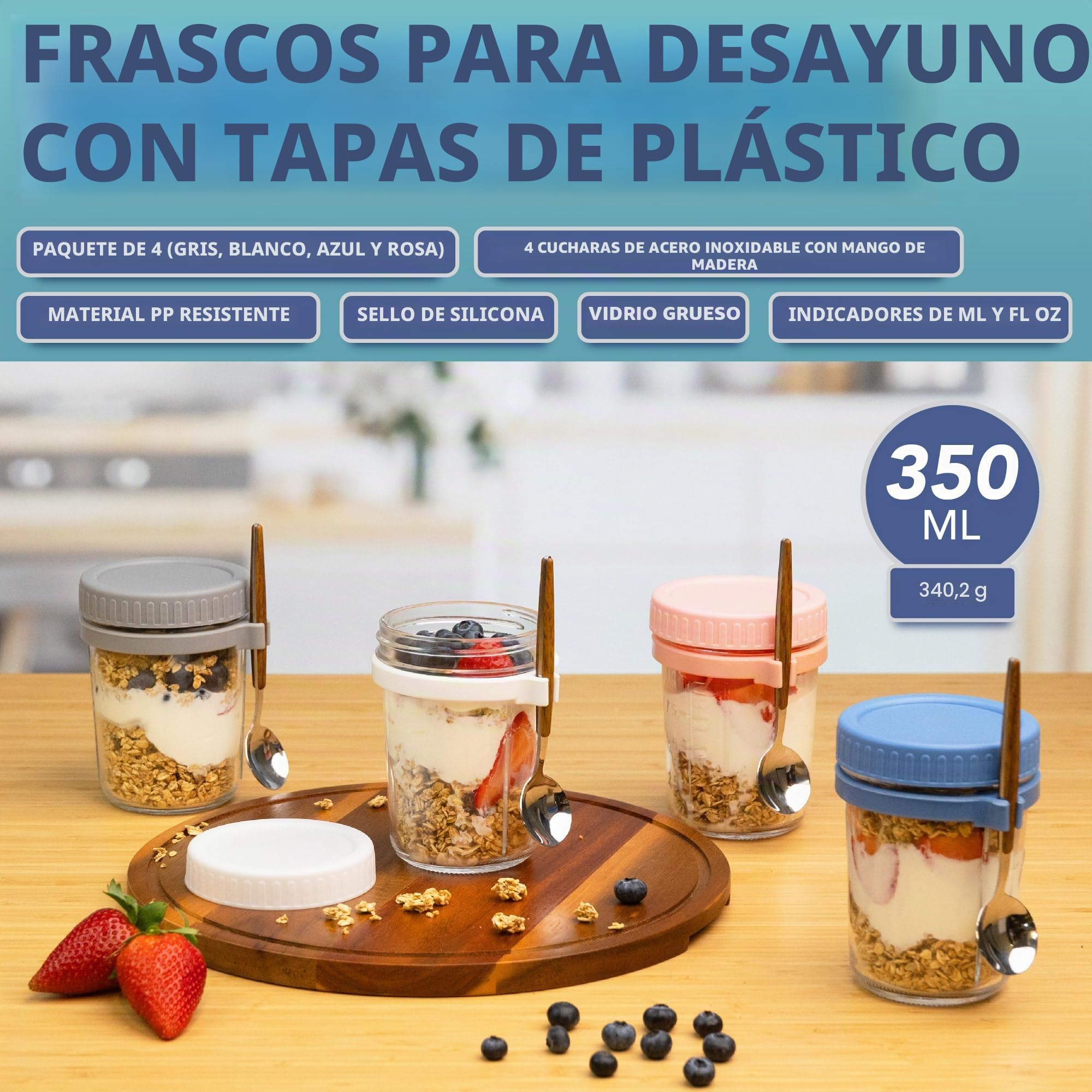 HEFTMAN Tarros de vidrio para avena nocturna con tapas, paquete de 4 tarros de avena nocturna de 350ml con cucharas y tapas de plástico coloridas herméticas, ollas de desayuno seguras para alimentos