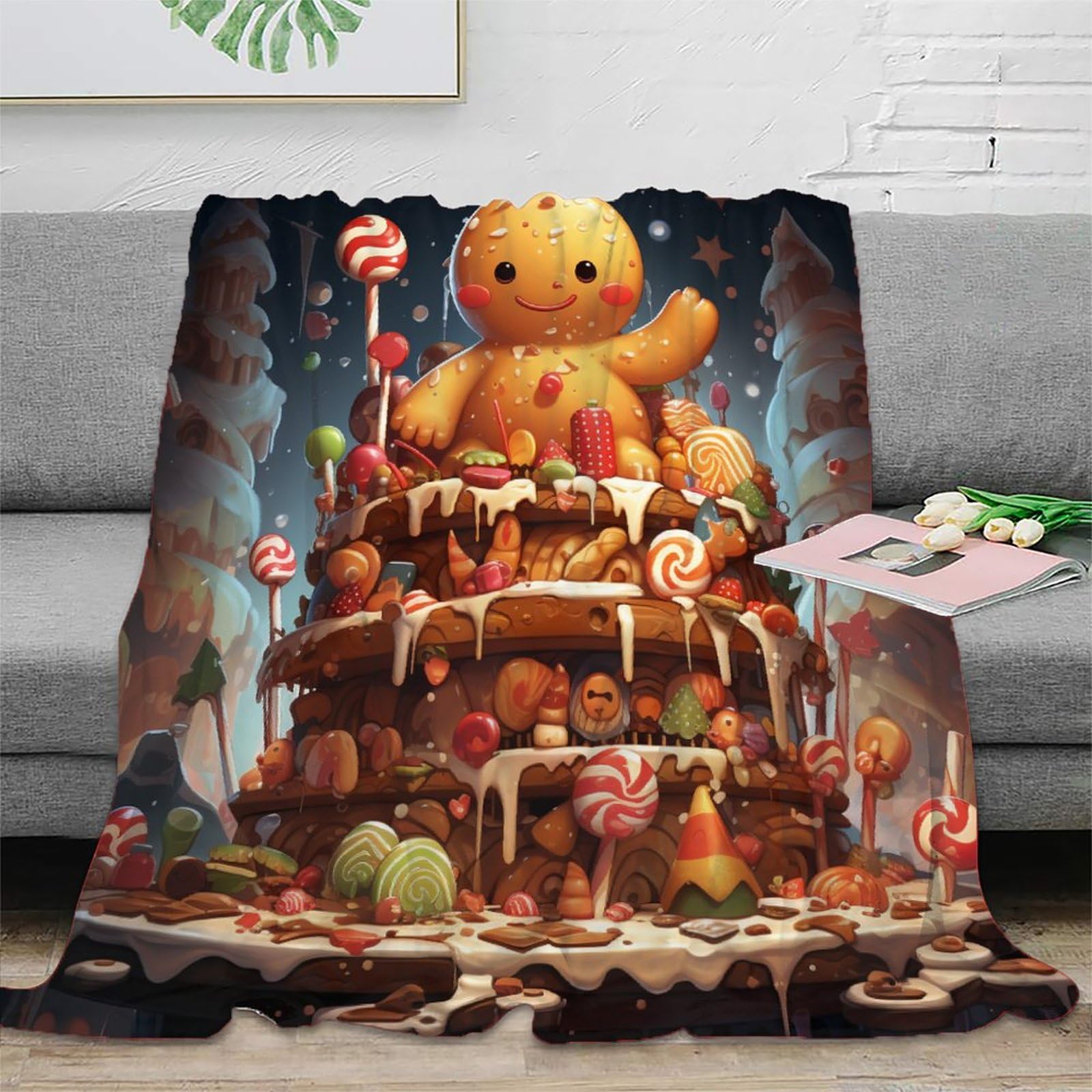 Gingerbread Print Blanket for Sofa Couch Bed Fleece Throw Blanket Decorative Christmas Cookies Theme Sherpa Blanket Christmas Cookies Pattern Plush Fuzzy Blanket 60x80inch(150x200cm)