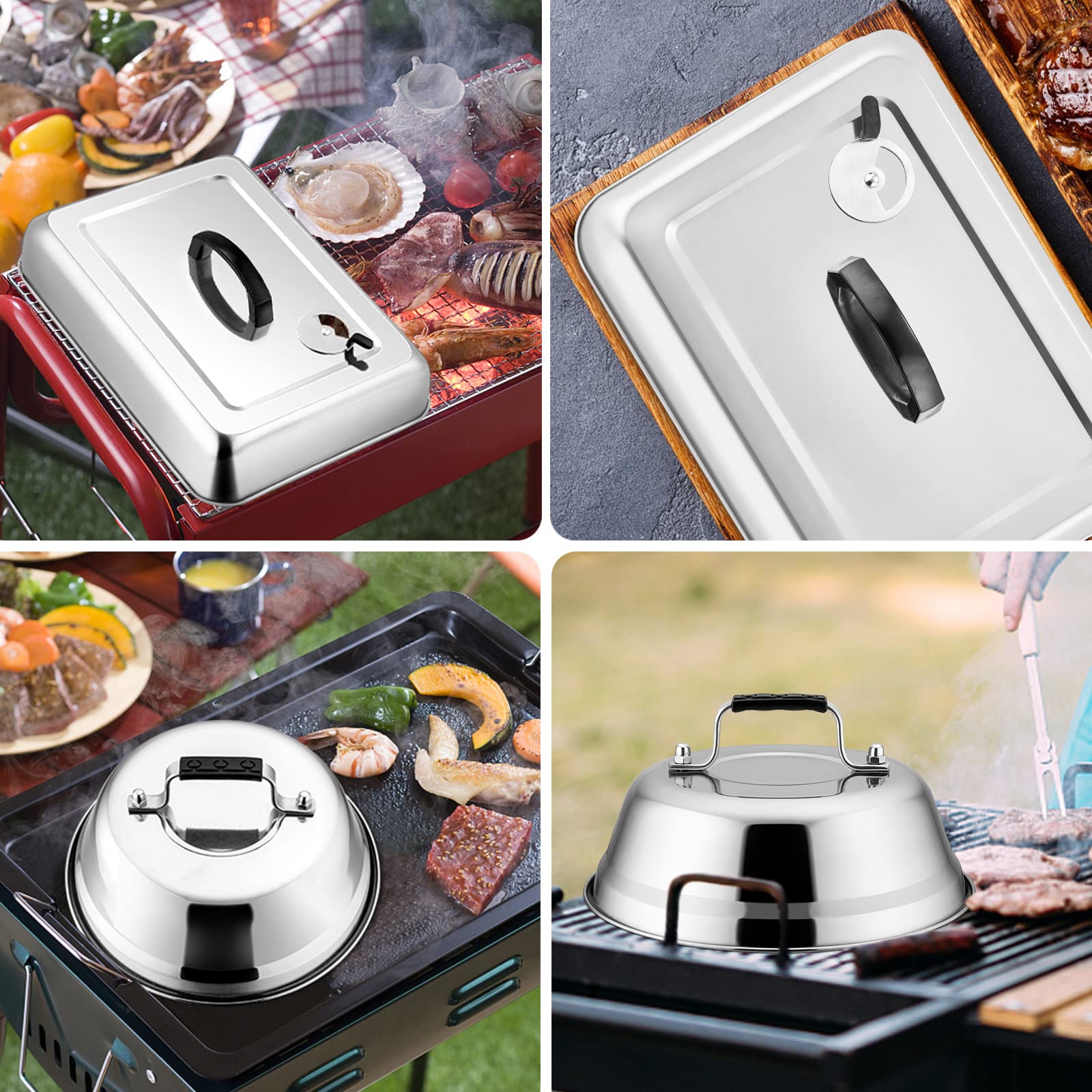 Leonyo - 3 cubiertas para untar para plancha, cúpula rectangular grande de 13 pulgadas para derretir queso con ventilación ajustable, tapa redonda de acero inoxidable de 9 pulgadas, cubierta de vapor