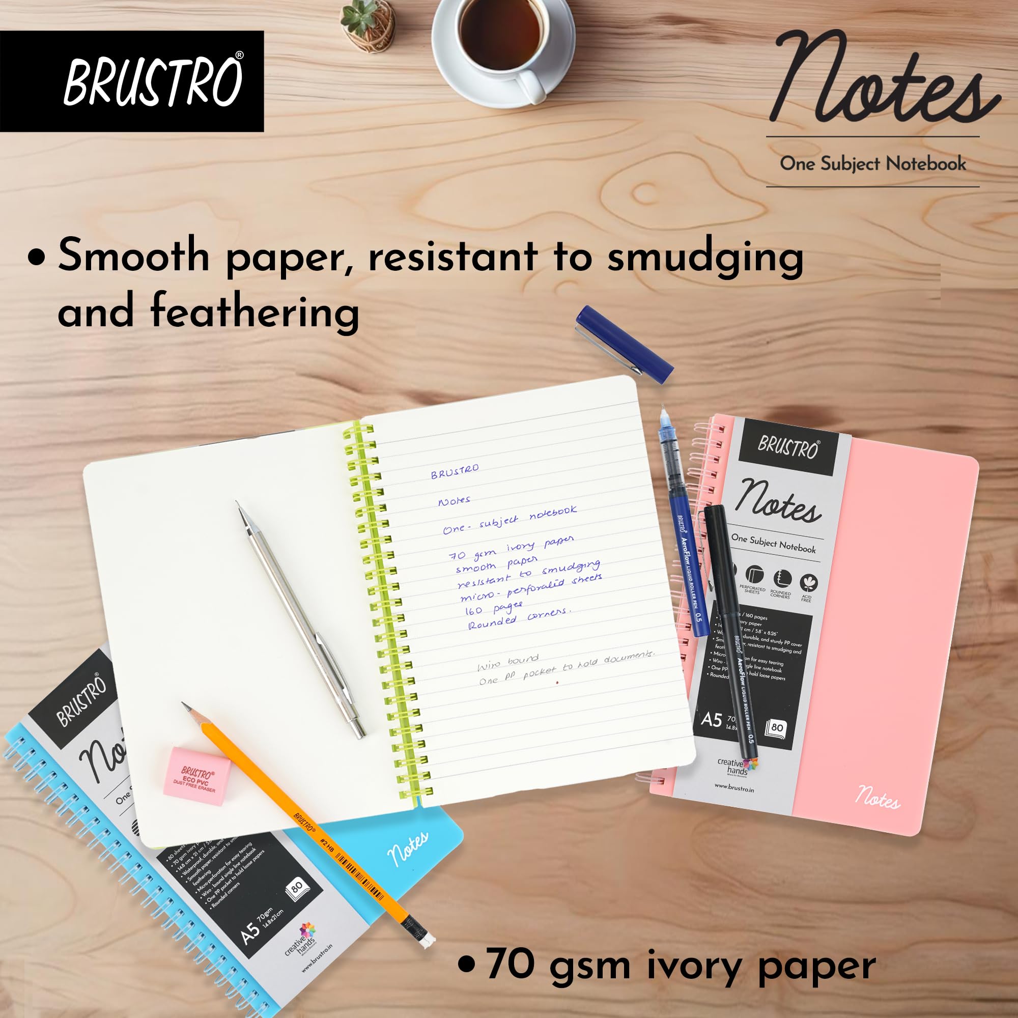 BRUSTRO Notas tamaño A5, cuaderno de 1 materia rayada, 80 hojas/160 páginas, papel marfil de 70 g/m², cubierta aguamarina, diseño encuadernado con alambre, esquinas redondeadas, hojas microperforadas